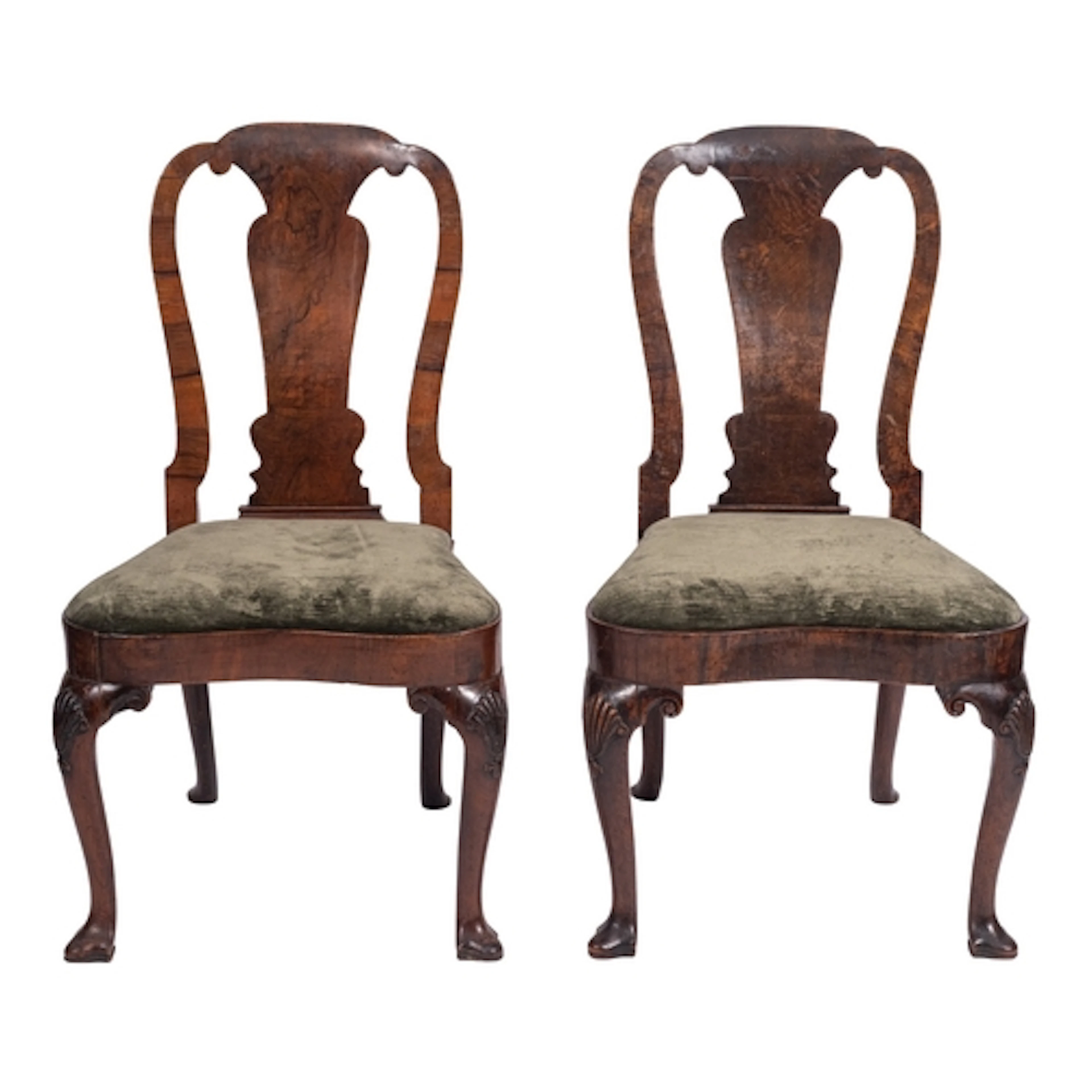 A pair of George I walnut side chairs, circa 1725; the open ...