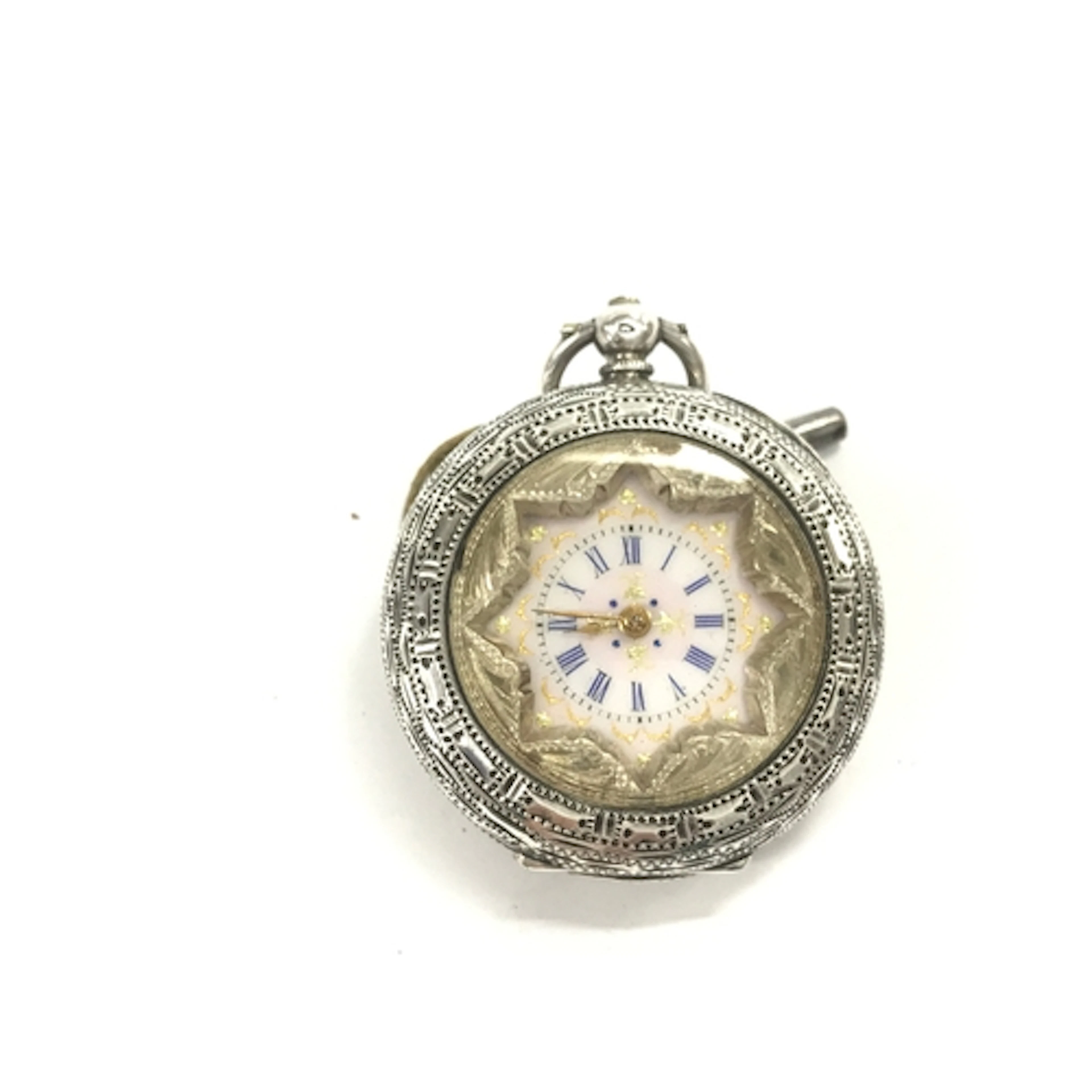 open-face pocket with an ornate silver case and a decorative...