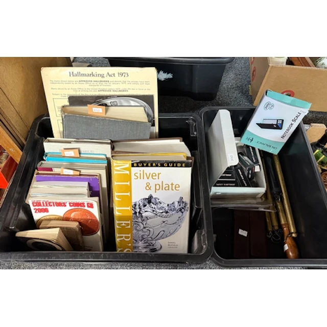 Two boxes of vintage jewellery and precious metals tools, eq...