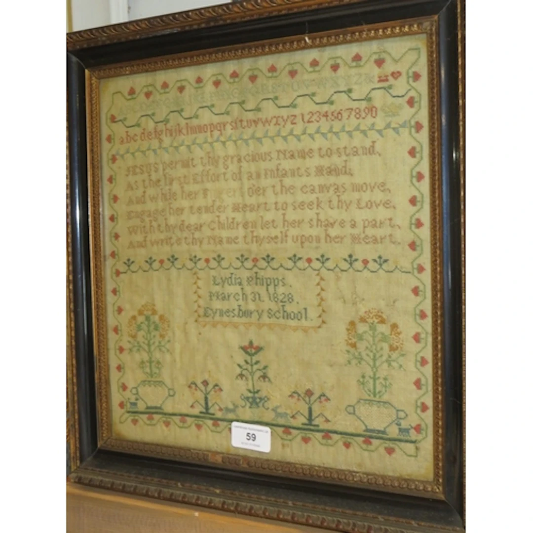 George IV needlework sampler, of alphabet, motto and floral ...