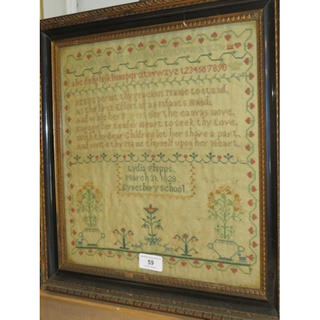 George IV needlework sampler, of alphabet, motto and floral ...