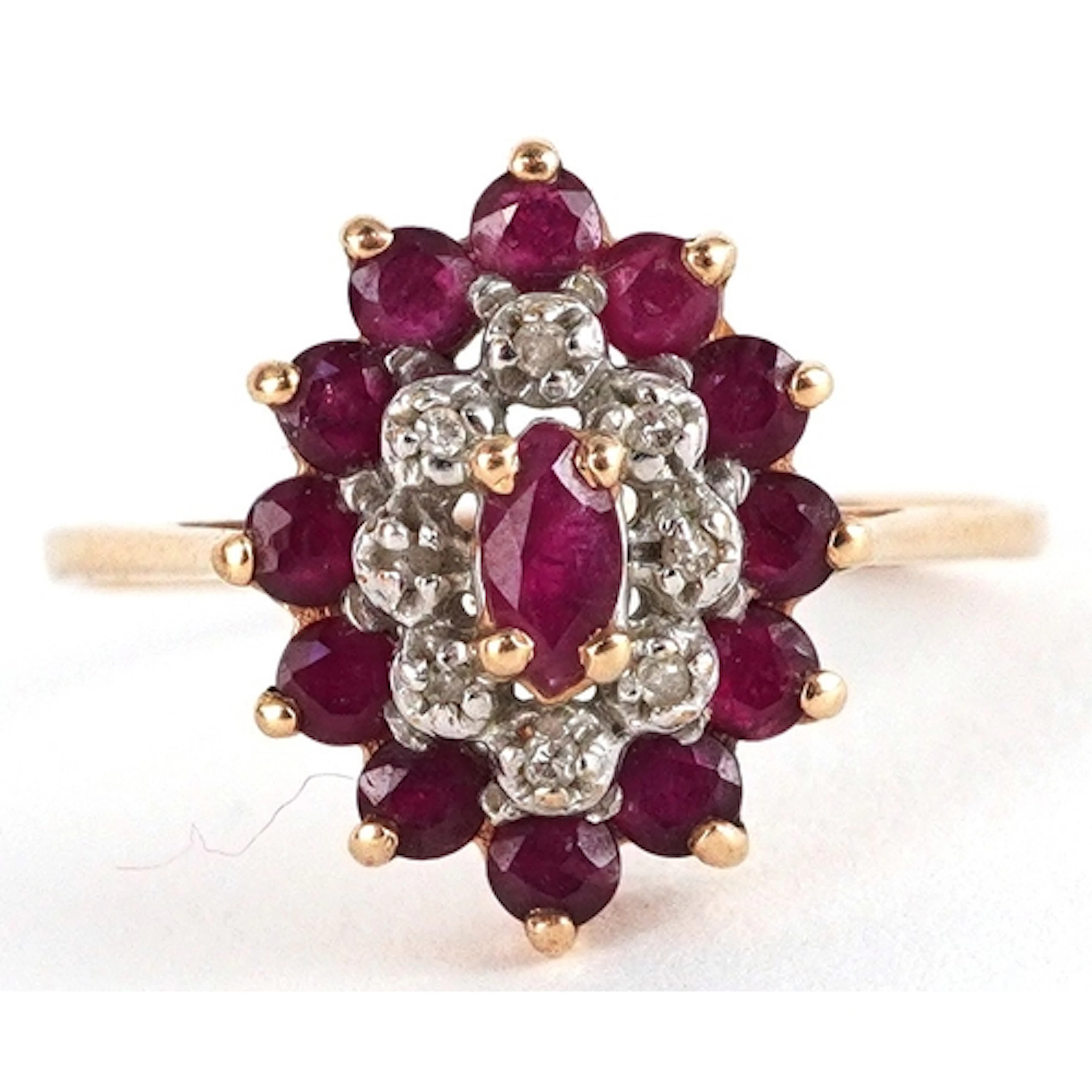 9ct gold ruby and diamond three tier cluster ring, size Q, 2...