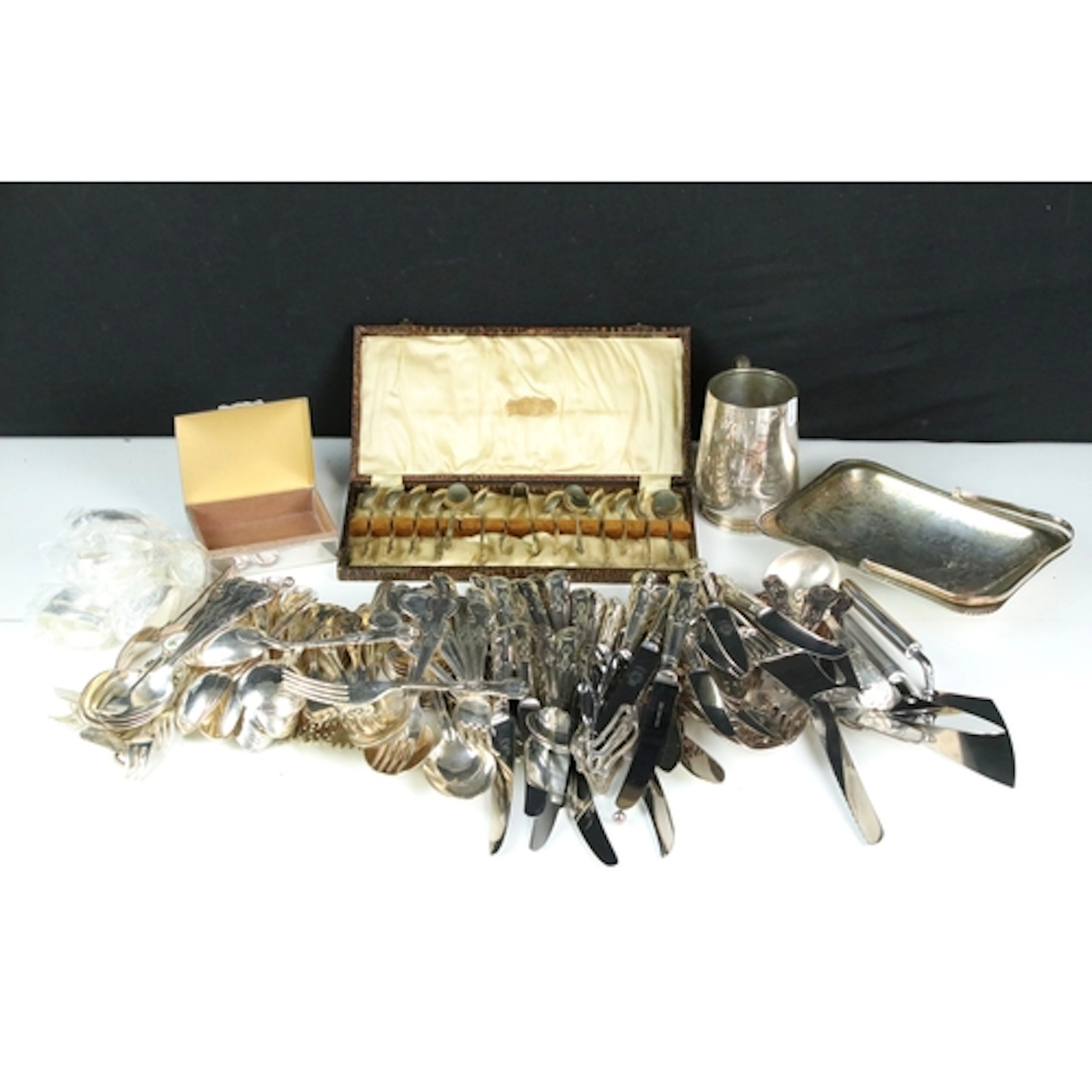 Collection of silver plate, to include: cigarette box with e...