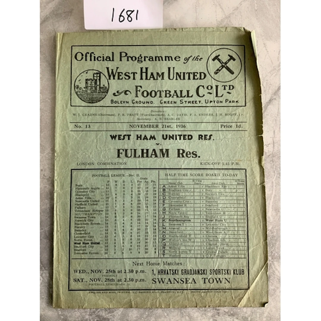 36/37 West Ham v Fulham Football Combination Programme: Good...