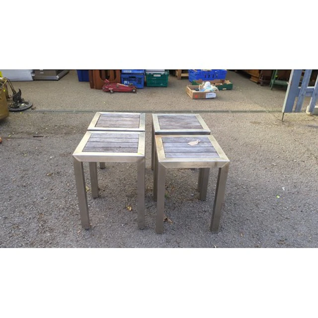 Four garden stools, each with a square slatted timber top se...