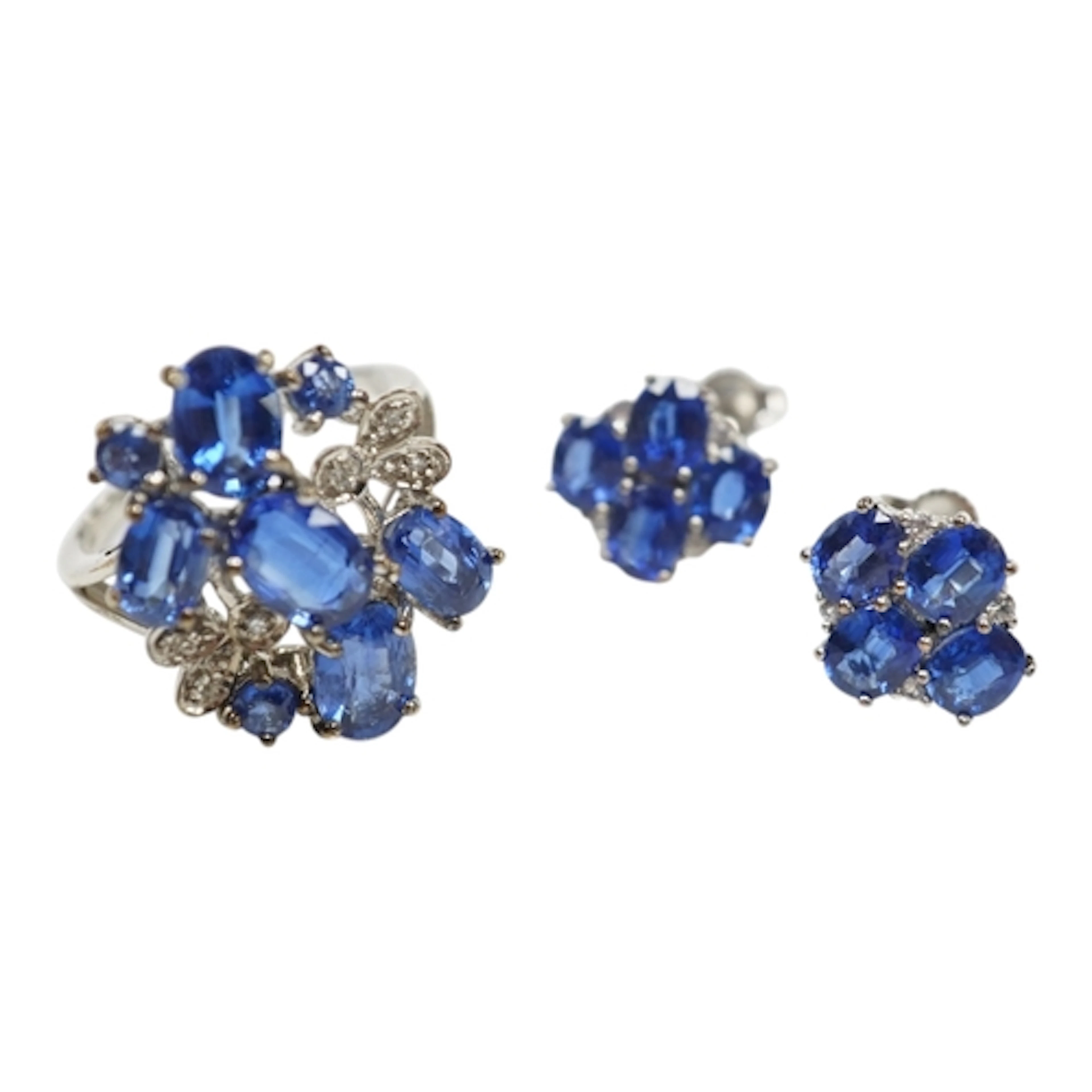 A recent 9ct white gold kyanite and simulated diamond cluste...