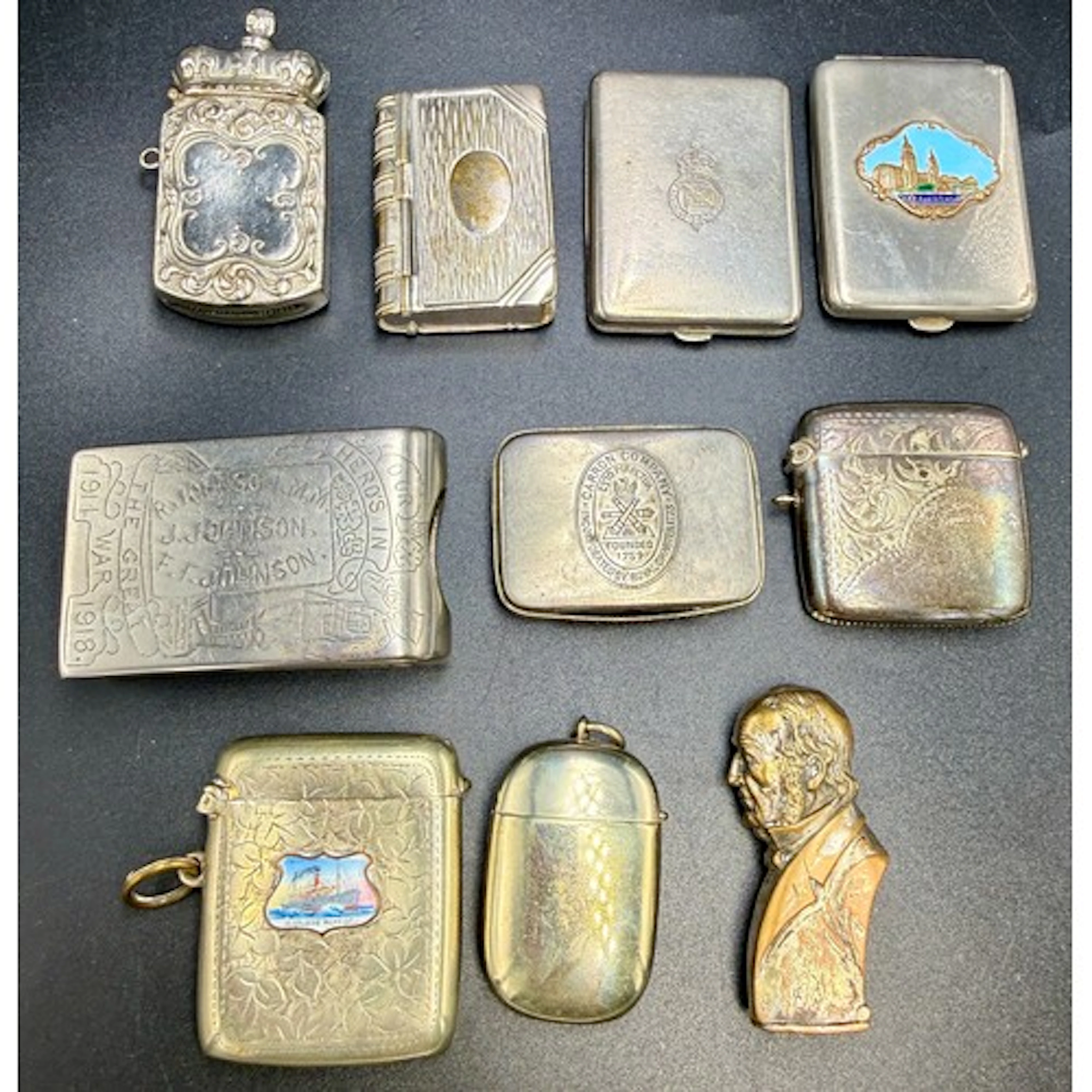 Ten various 19th/20thC silver plated vesta cases to include ...