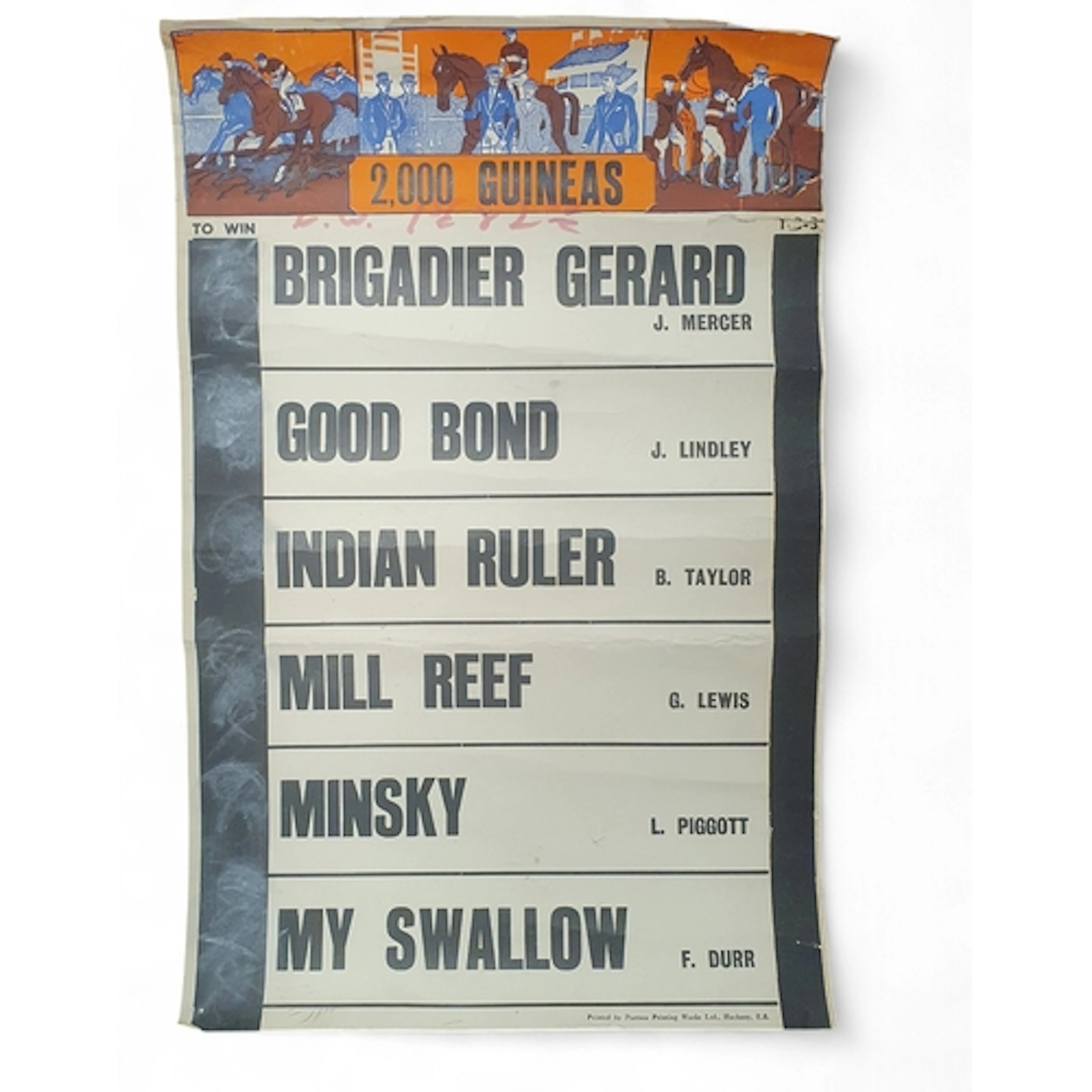 A 1971 2000 Guineas Horse Racing Tote Board betting card whe...