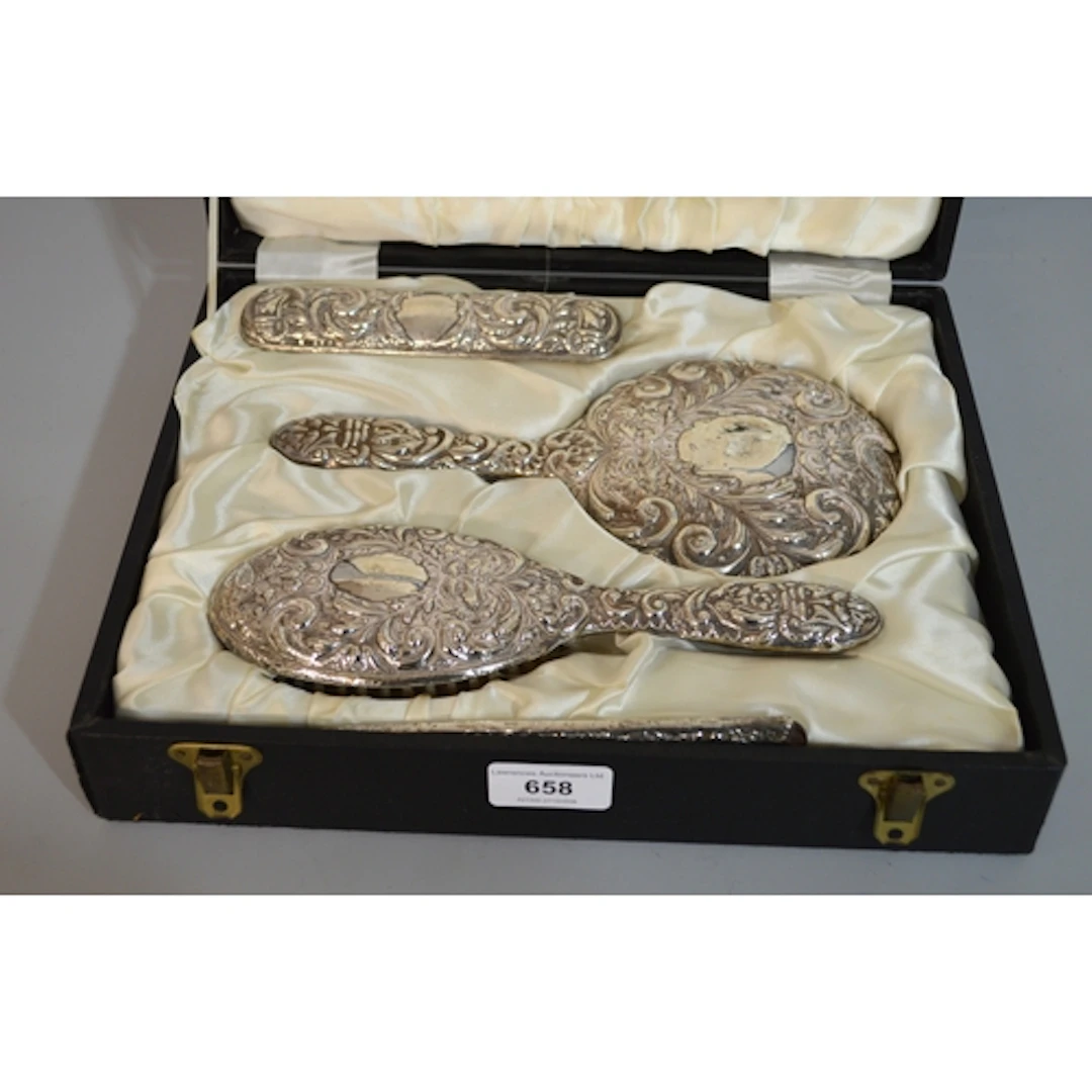 Cased Birmingham silver mounted four piece dressing table se...