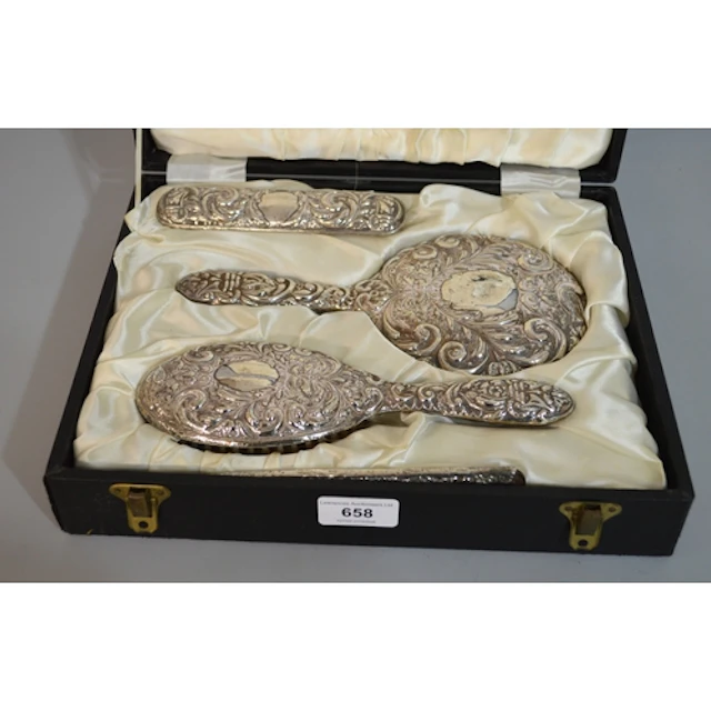 Cased Birmingham silver mounted four piece dressing table se...