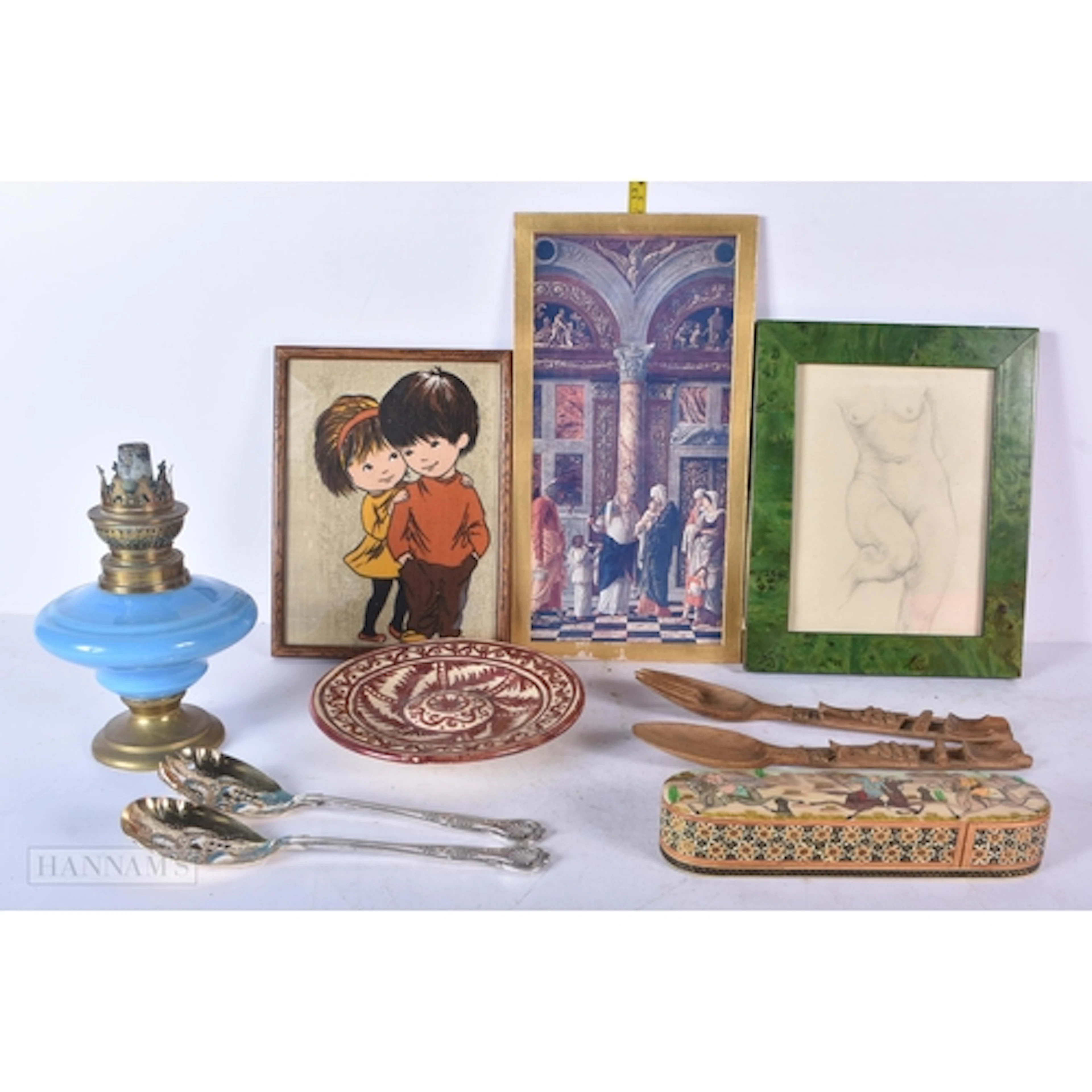 A vintage hand painted Spanish plate together with an Oil la...