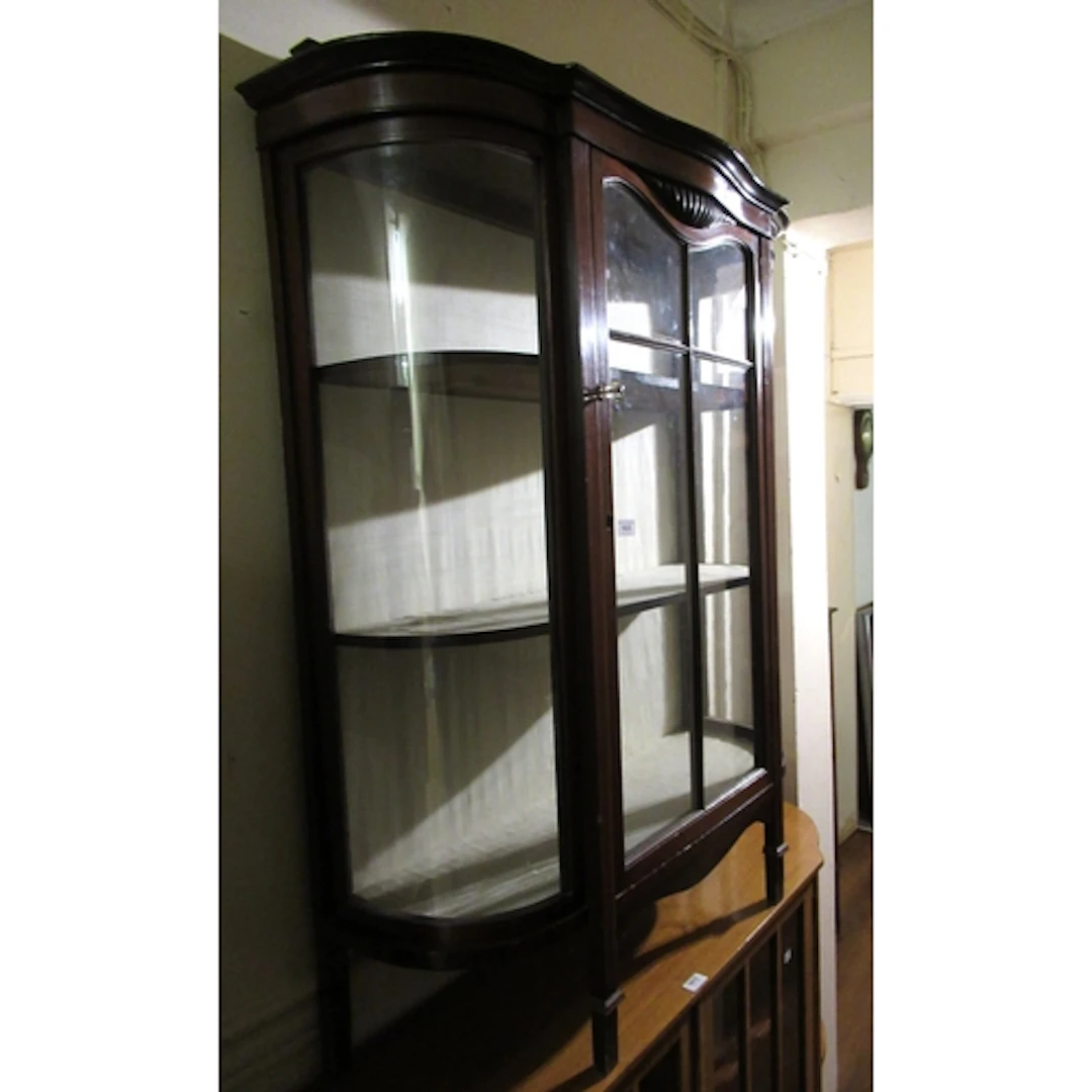 Edwardian mahogany line inlaid bow glazed single door displa...