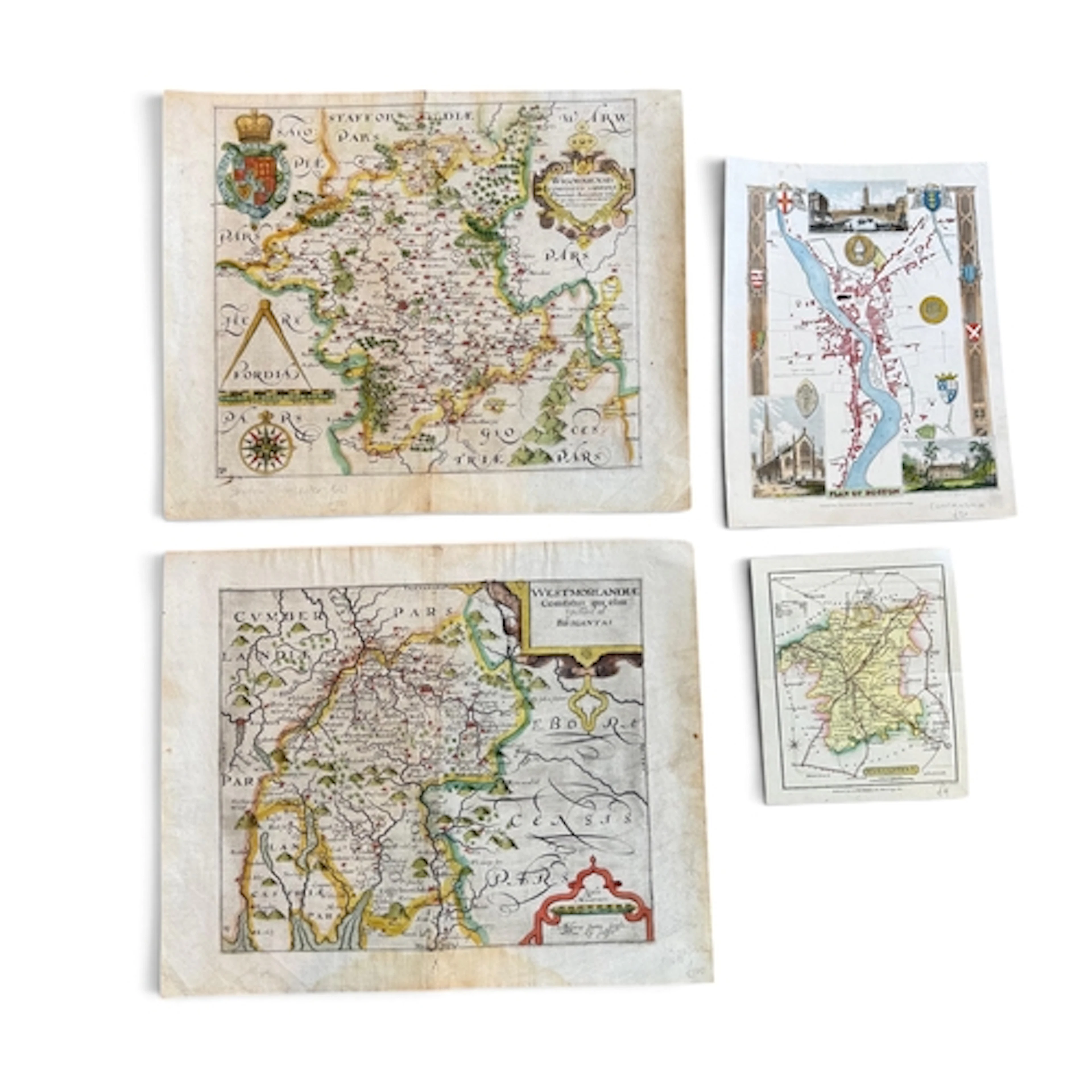 A GROUP OF FOUR ANTIQUE ENGLISH COUNTY MAPS AND TOWN PLANS, ...