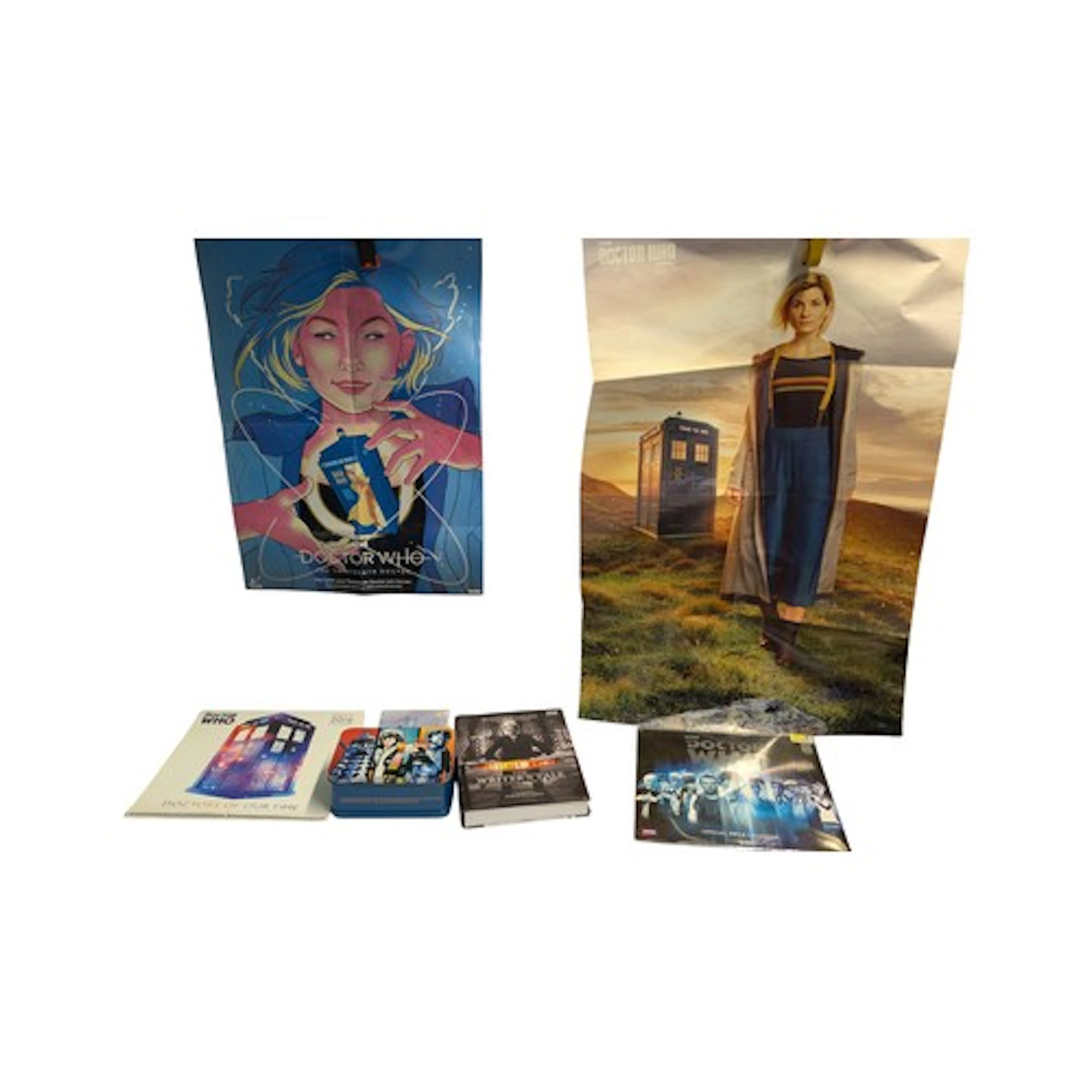 Dr Who memorabilia inc. calendars, posters, book and tin lun...