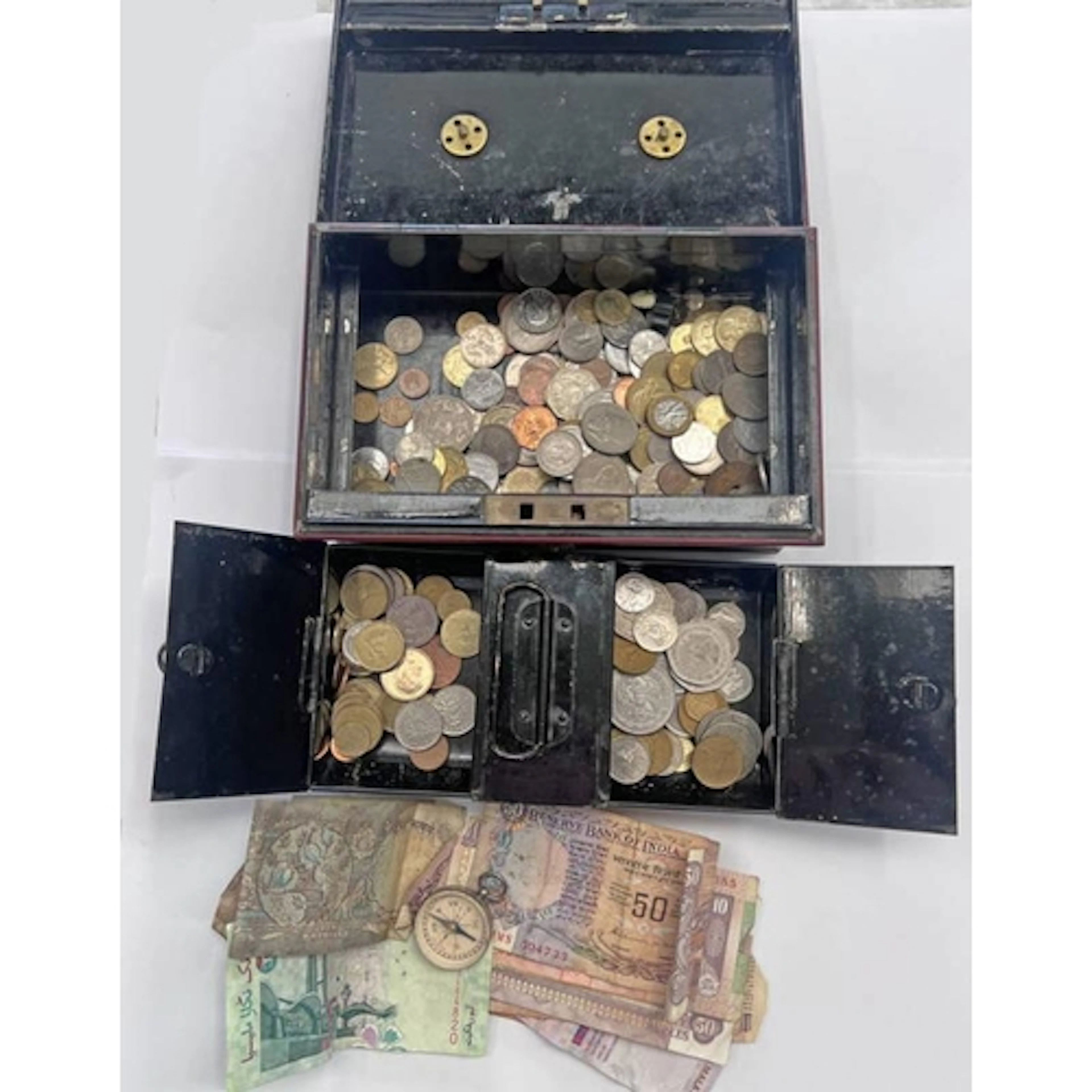 CASH BOX WITH CONTENTS OF COINS AND BANK NOTES TO INCLUDE BA...