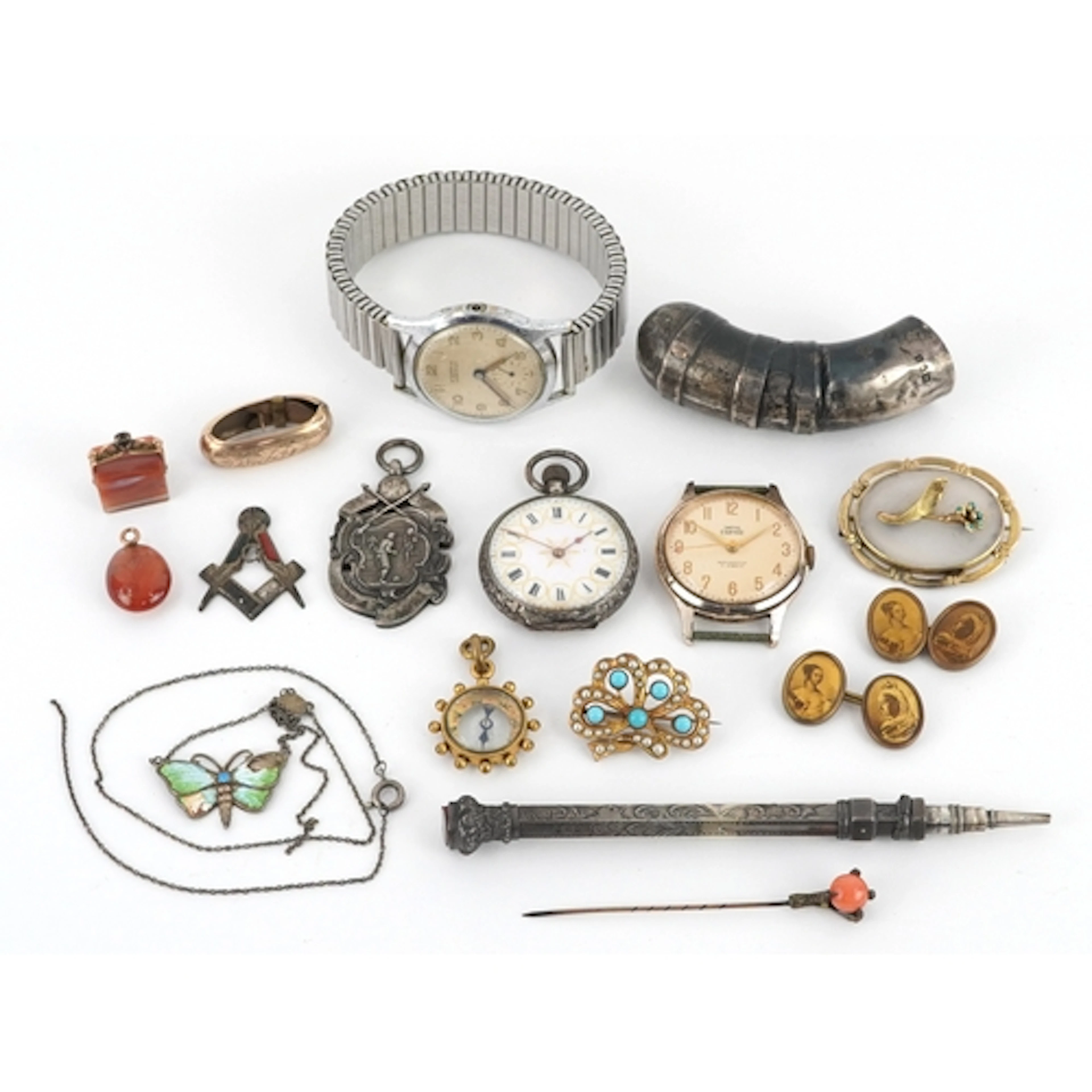 Antique and later jewellery and objects including gilt metal...