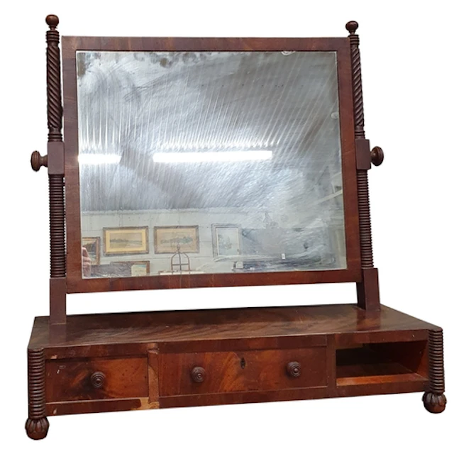 A Regency Mahogany Crutch Mirror of large proportions on bob...