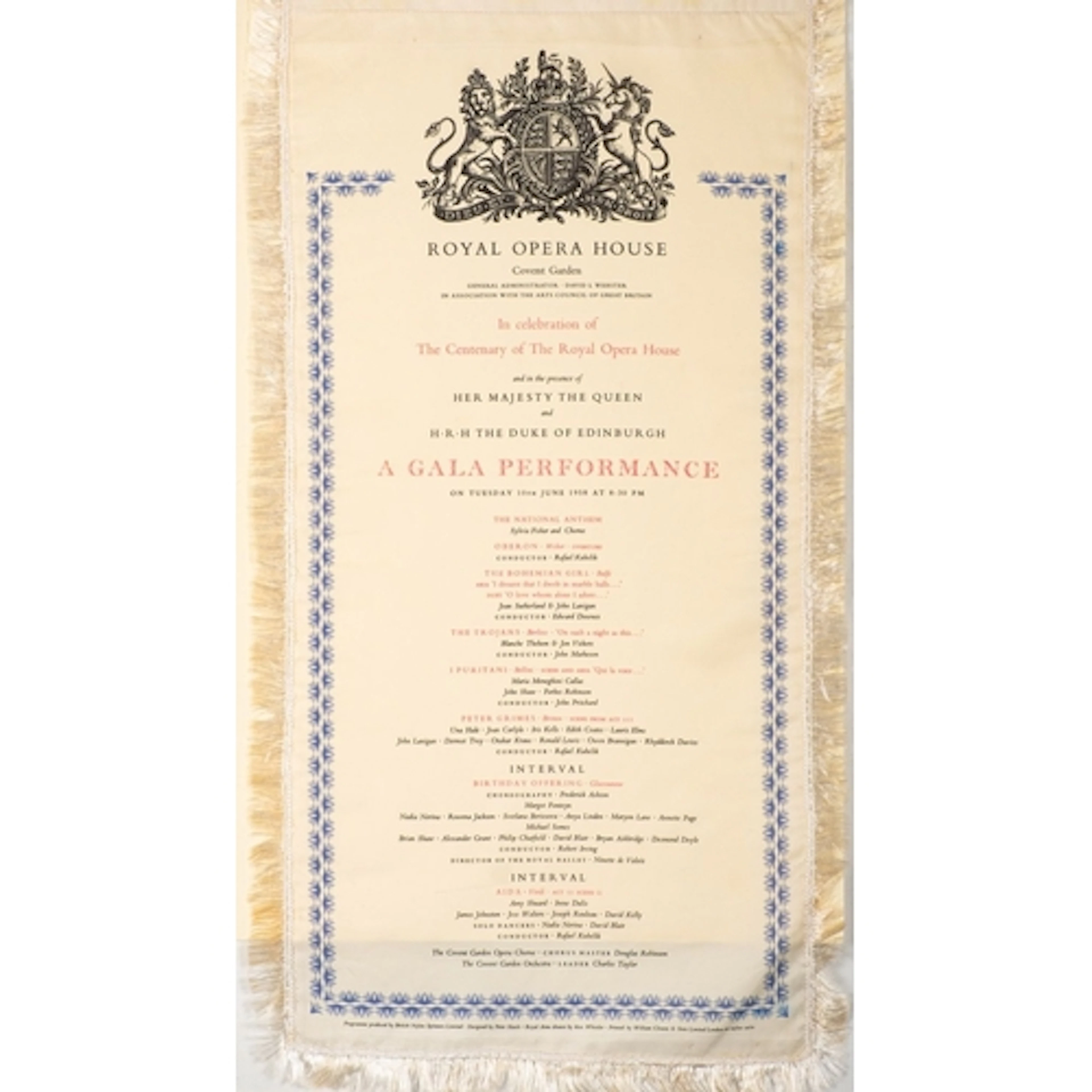 A Royal Opera House Centenary programme. Printed on silk hav...