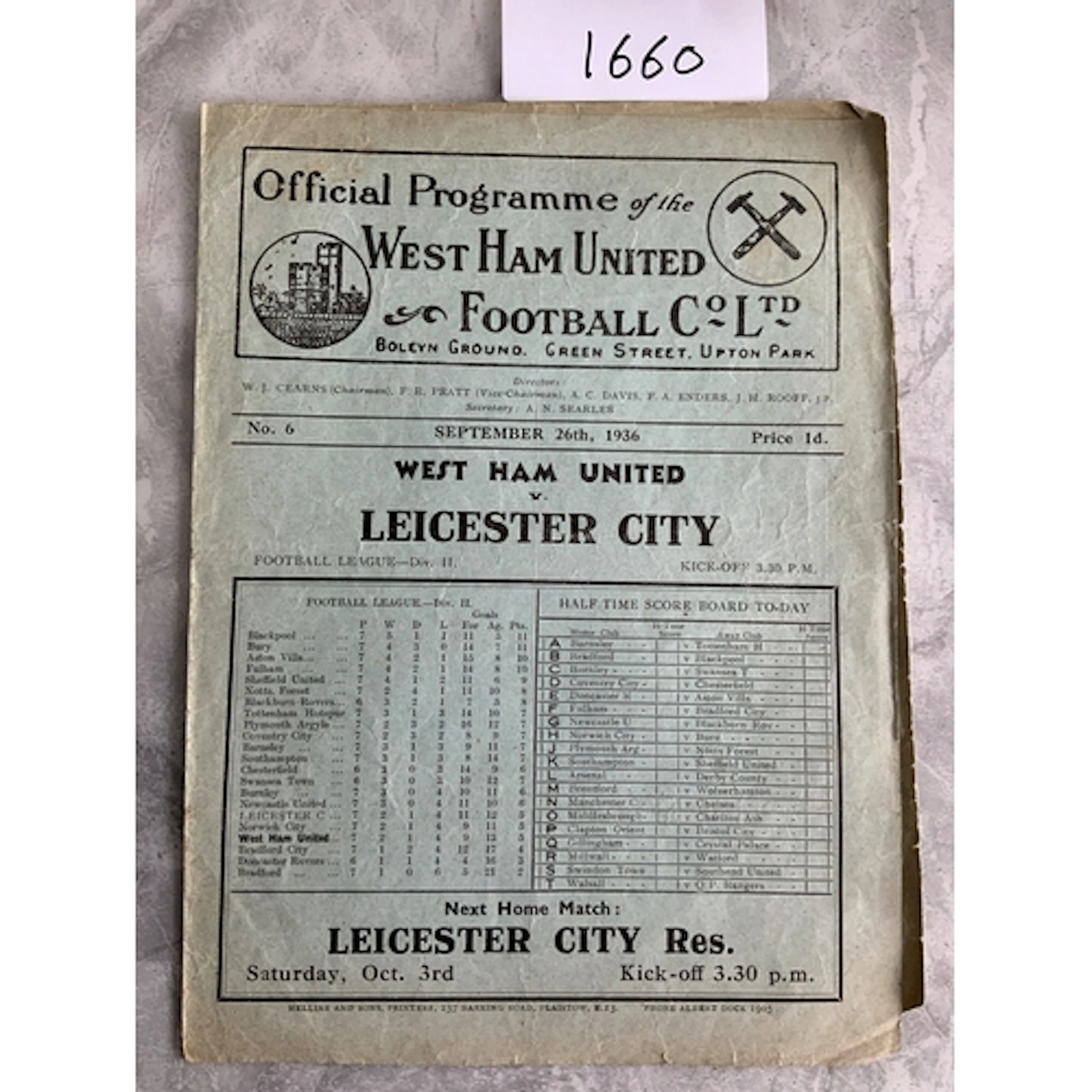 36/37 West Ham v Leicester City Football Programme: Good con...