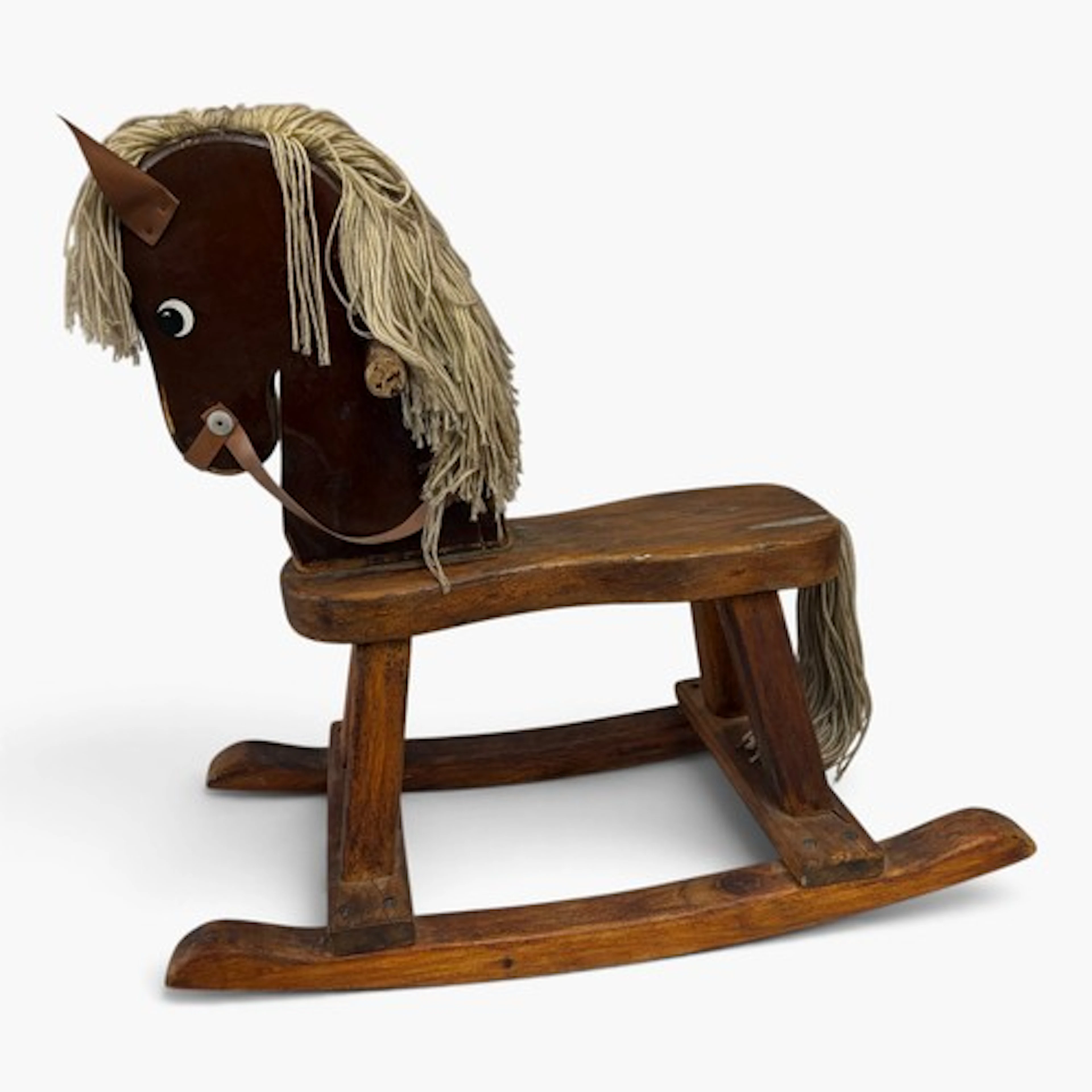 Vintage rocking horse with wool mane and tail. 55cm h.