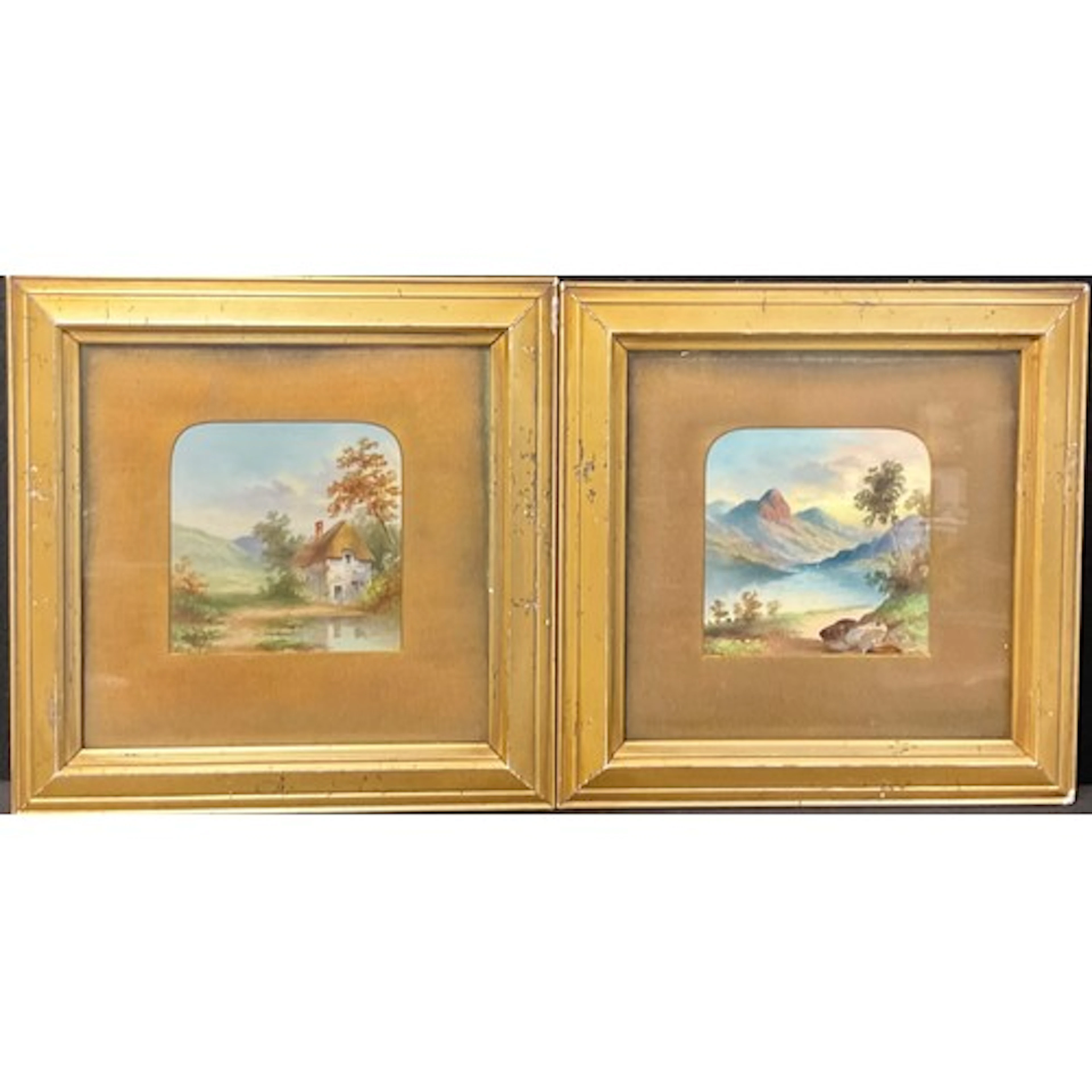 A pair of late 19th century painted porcelain tiles, landsca...
