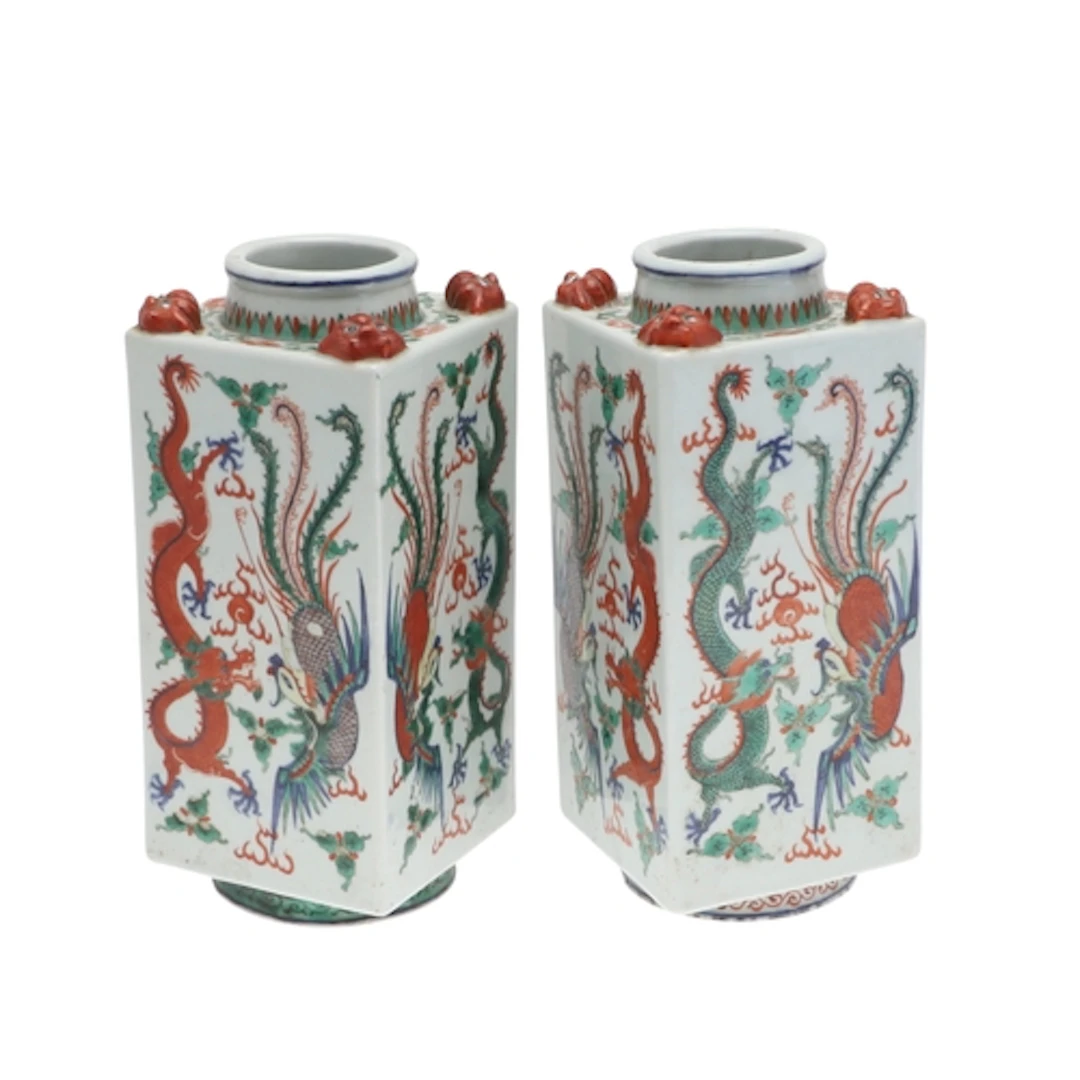 PAIR OF CHINESE CONG SHAPED VASES - DRAGON & PHOENIX. 20thc ...