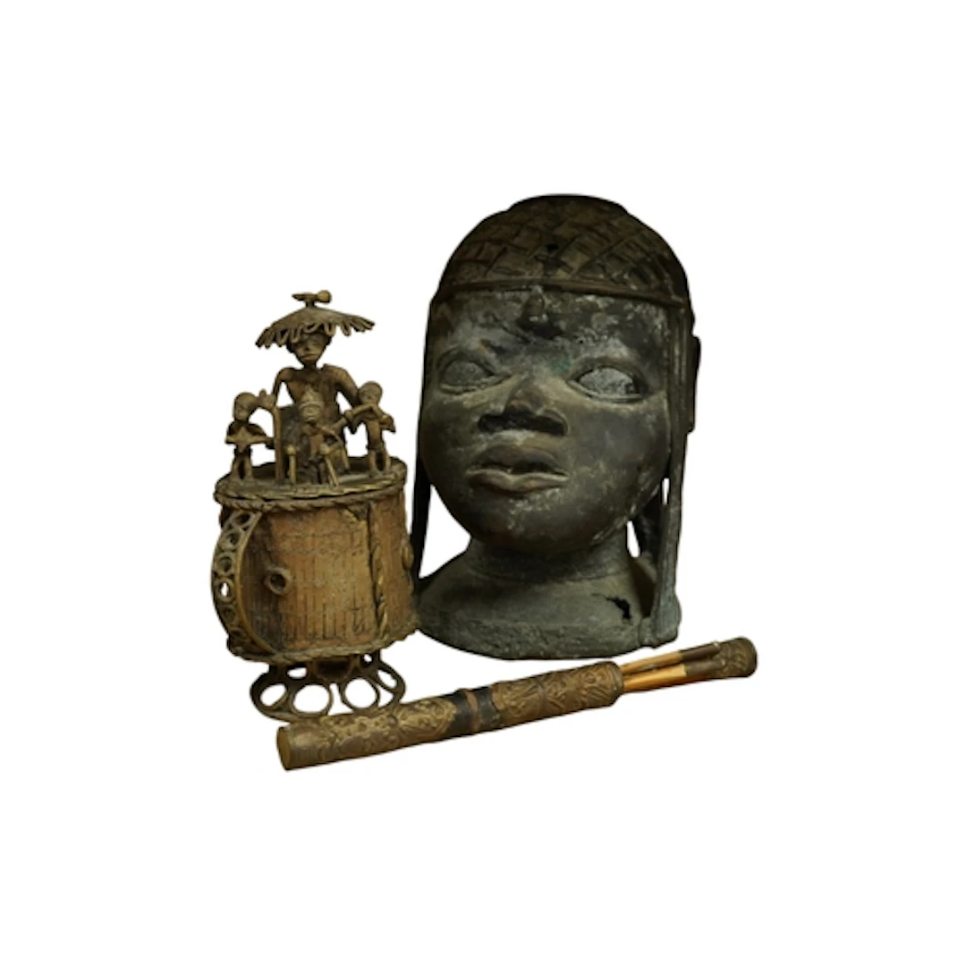 A Yoruba Benin style bronze head, height 26cm, a similar jar...