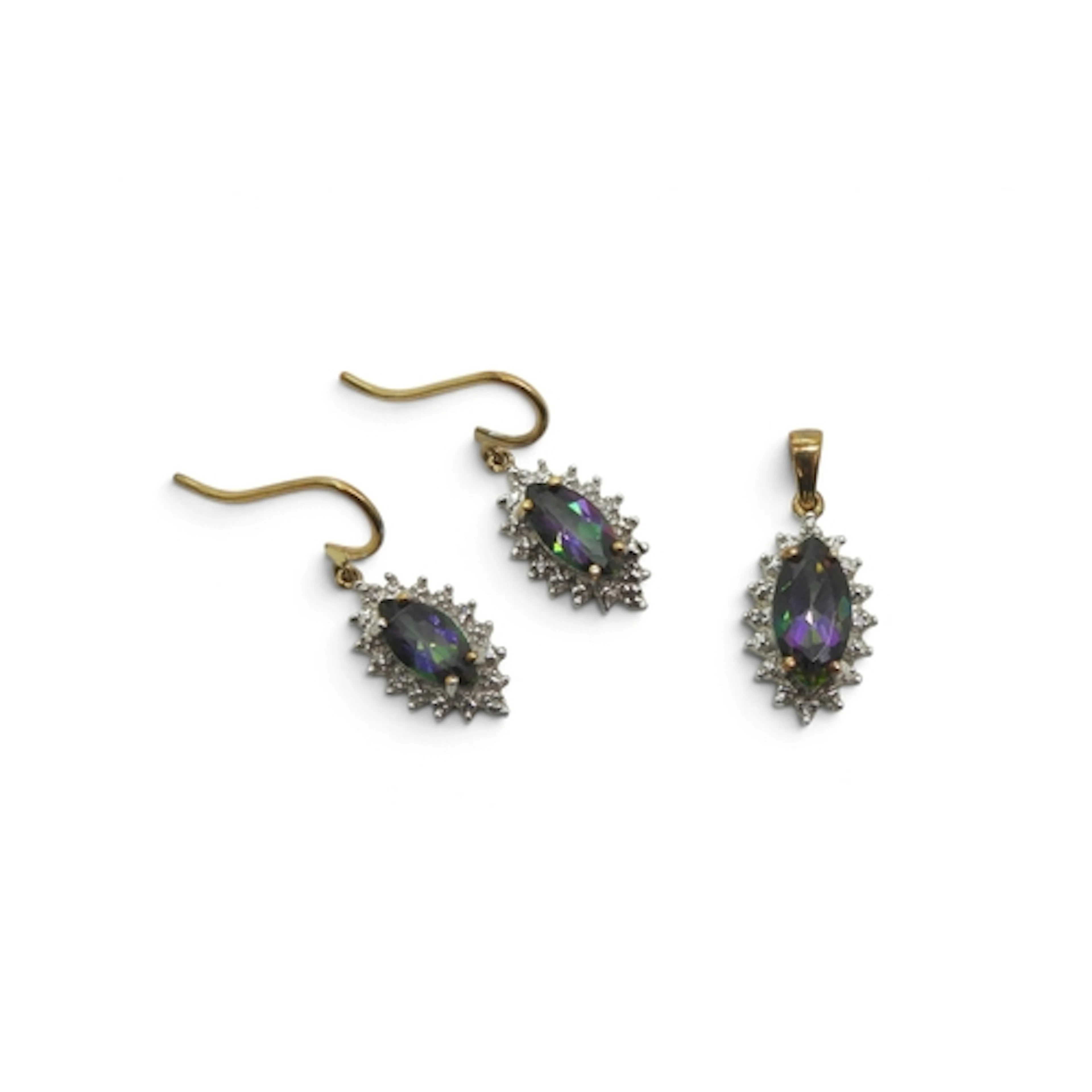 A pair of 9ct gold mystic topaz and diamond accent earrings,...