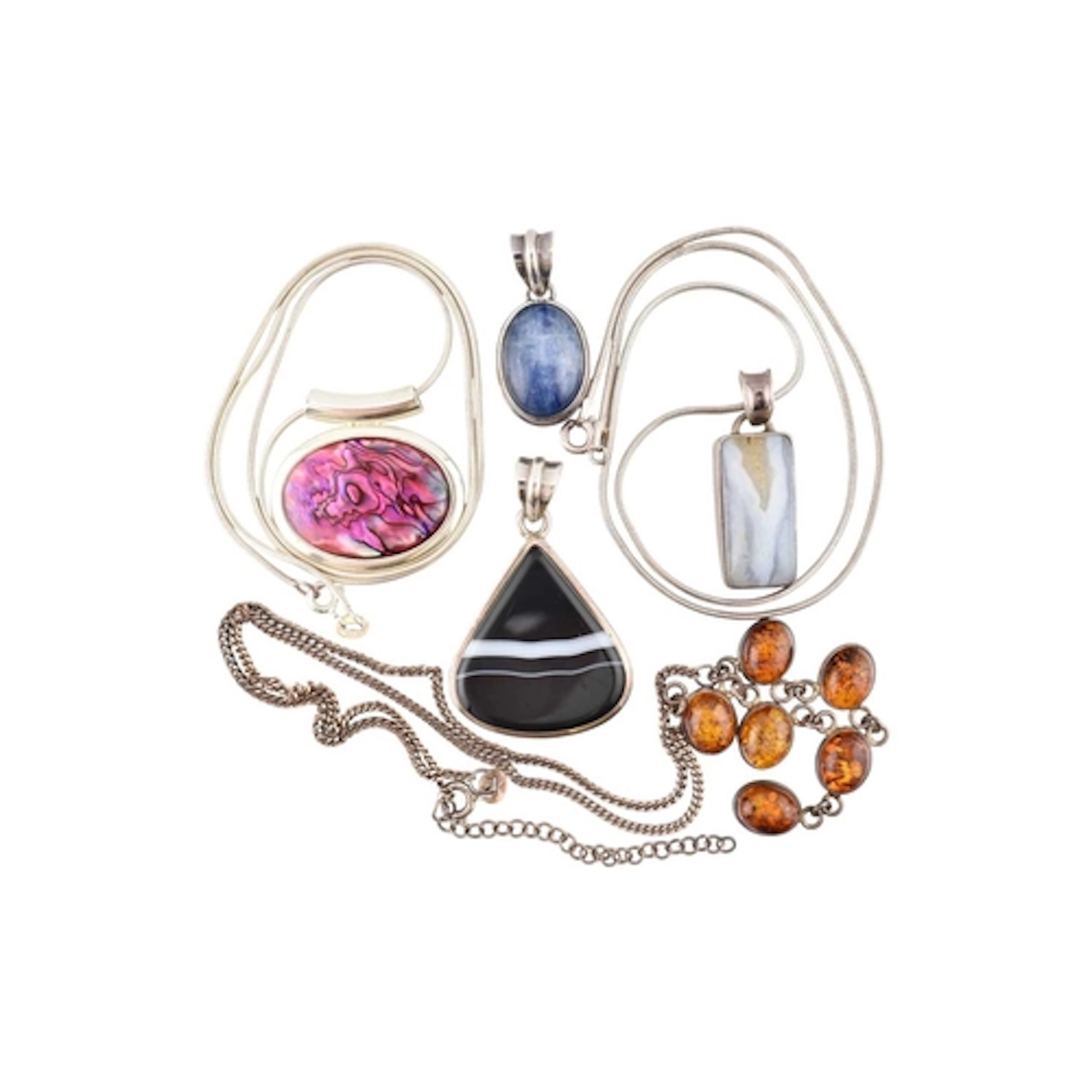 Assorted silver white metal pendants and pendant necklaces. ...