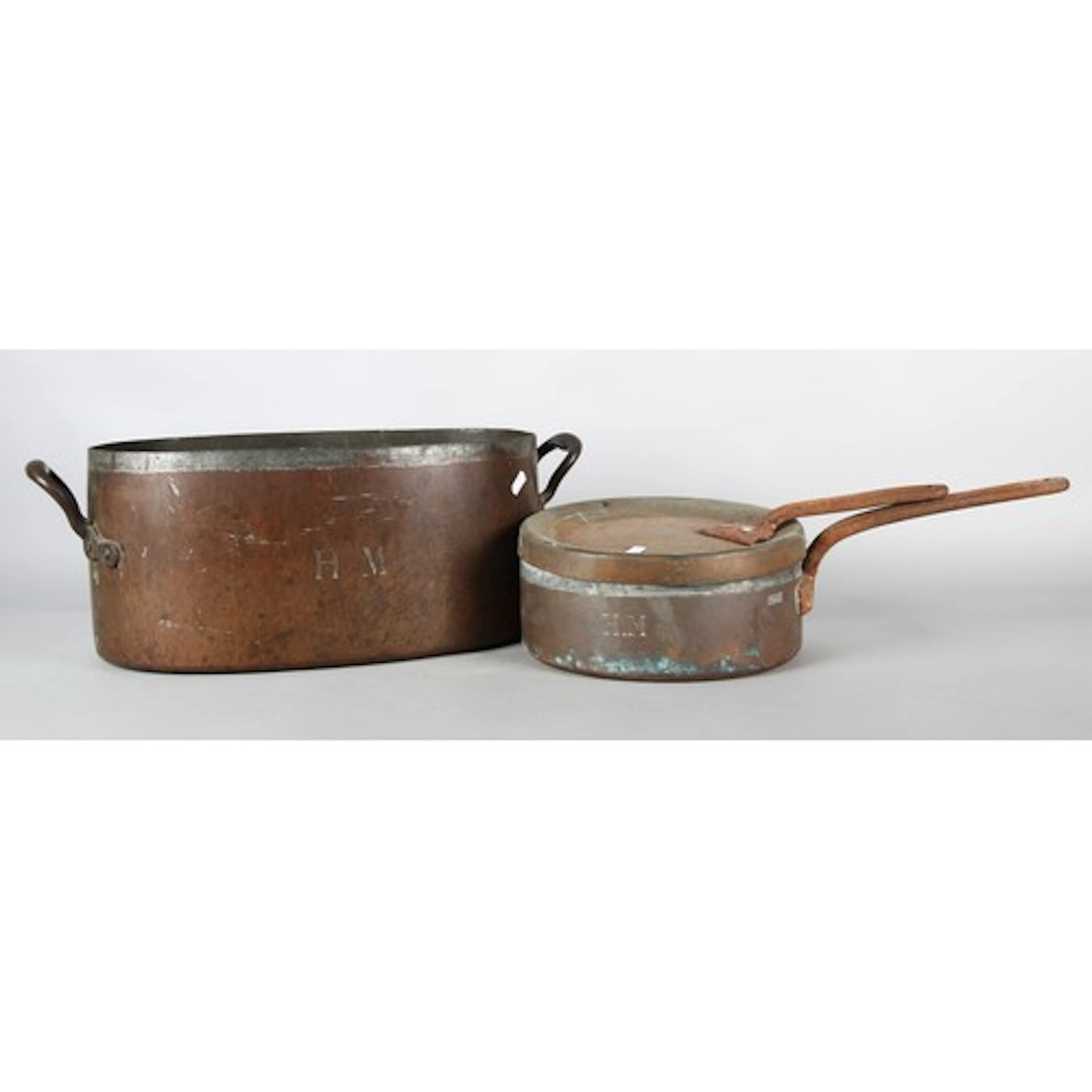 Antique large copper cauldron cooking pot with twin handles,...