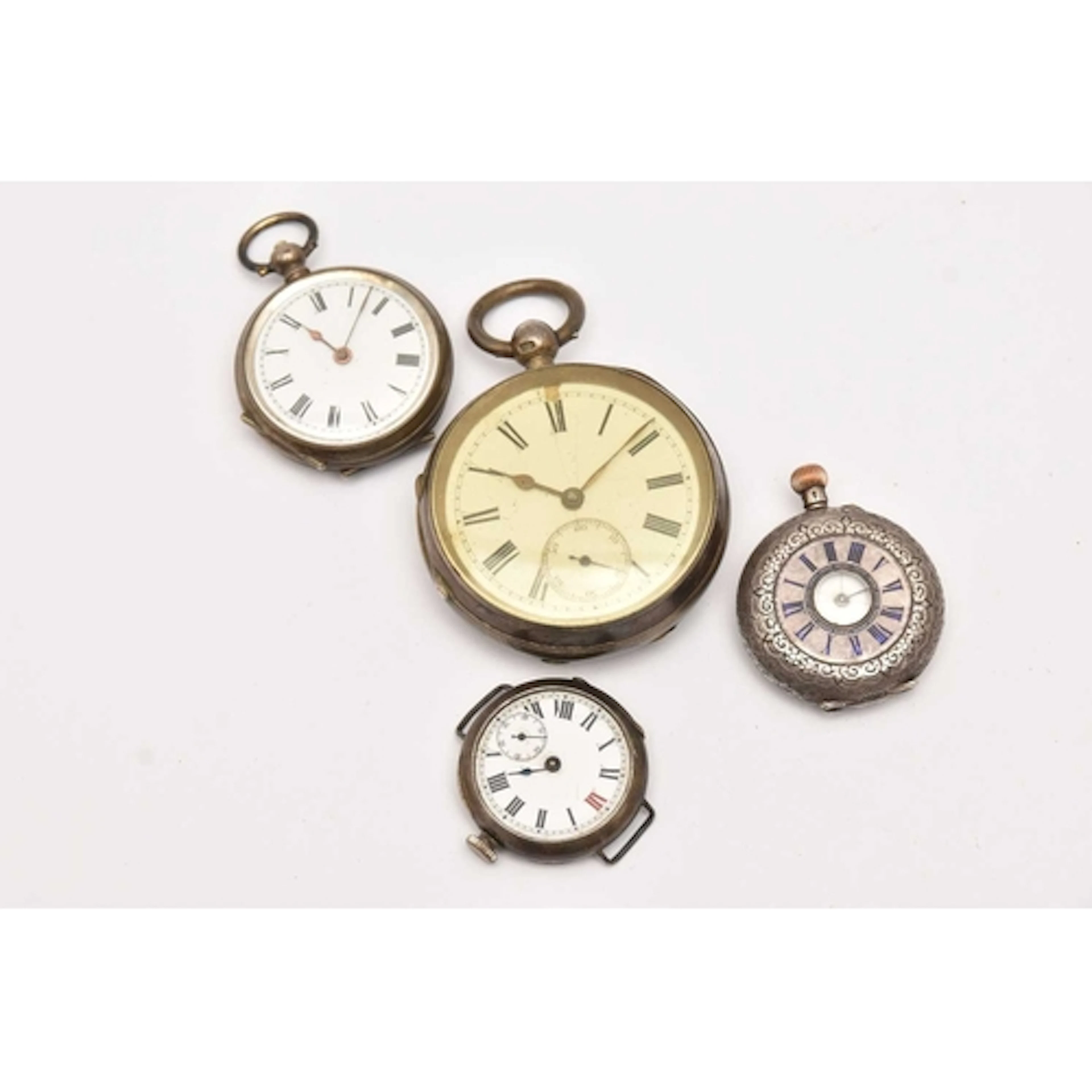 FOUR POCKET WATCHES, to include a silver open face, key woun...