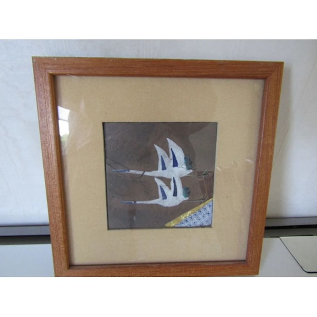 Japanese Fine Ceramic and Gilded Tile Two Cranes in Flight S...