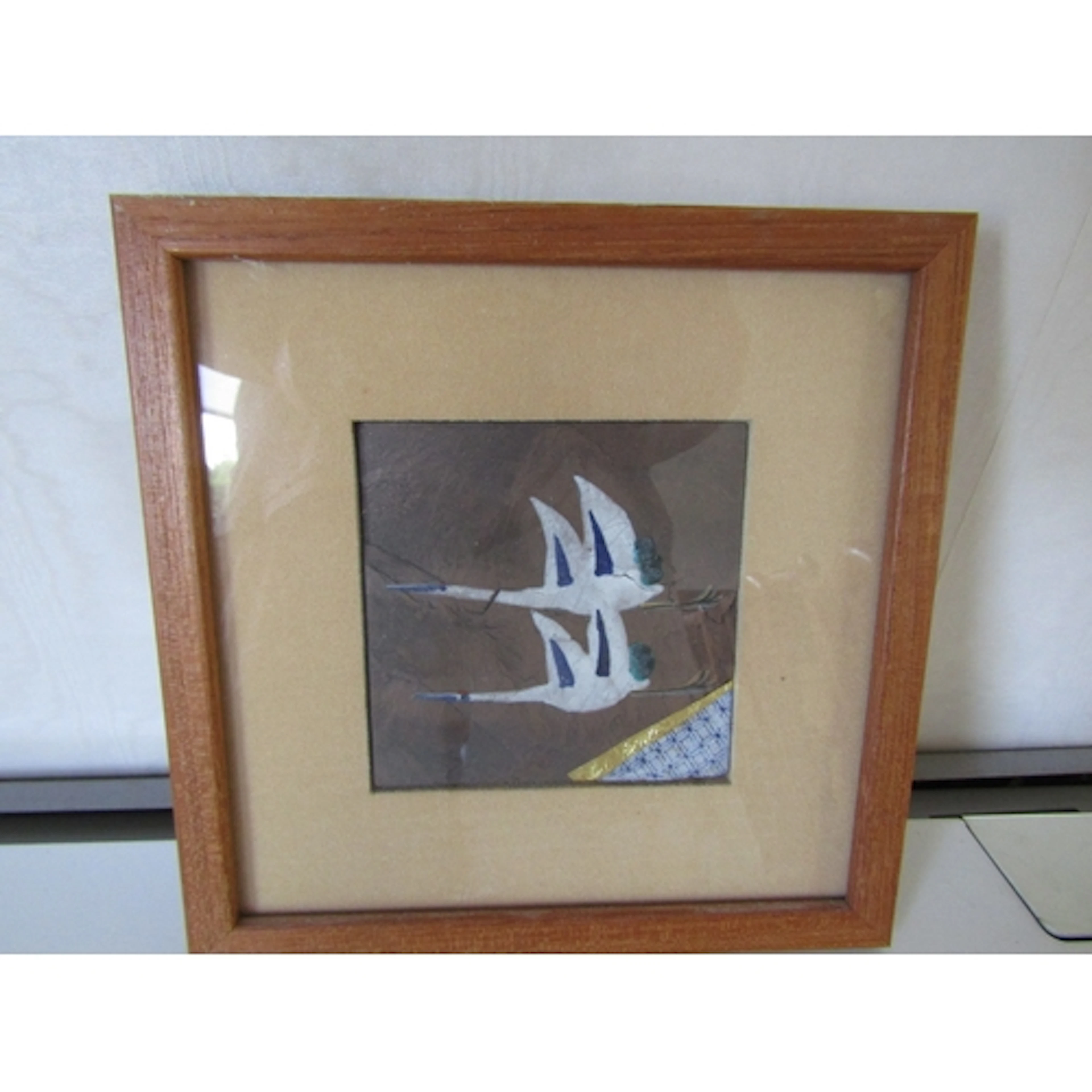 Japanese Fine Ceramic and Gilded Tile Two Cranes in Flight S...