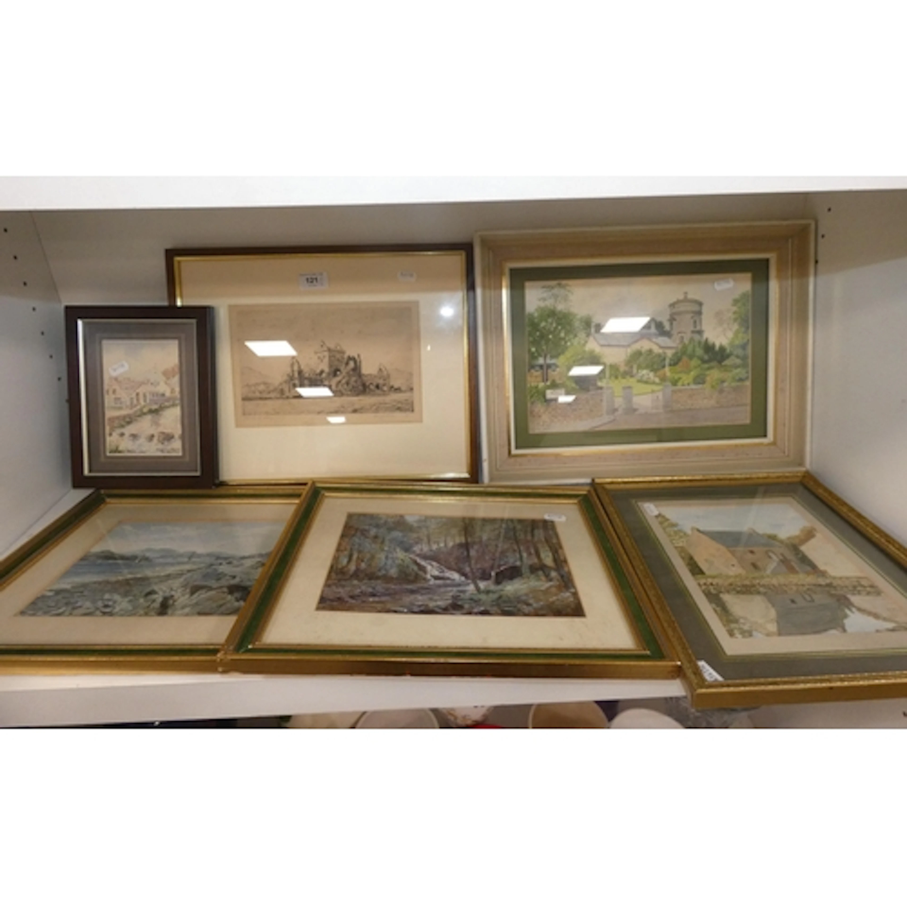 Group of watercolours by amateur artists, etching of Sweethe...