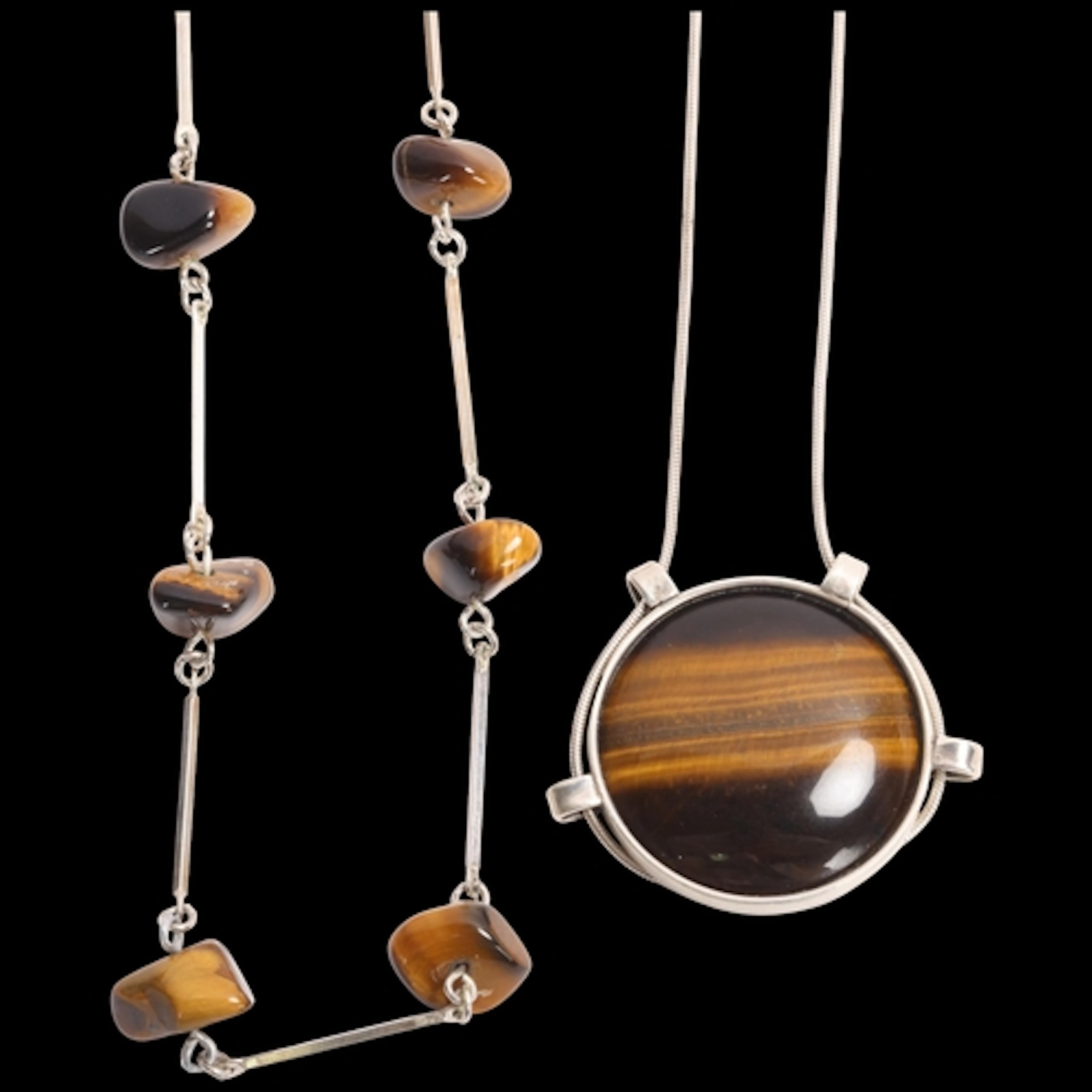 2 Danish? modernist sterling silver tigers eye necklaces, in...