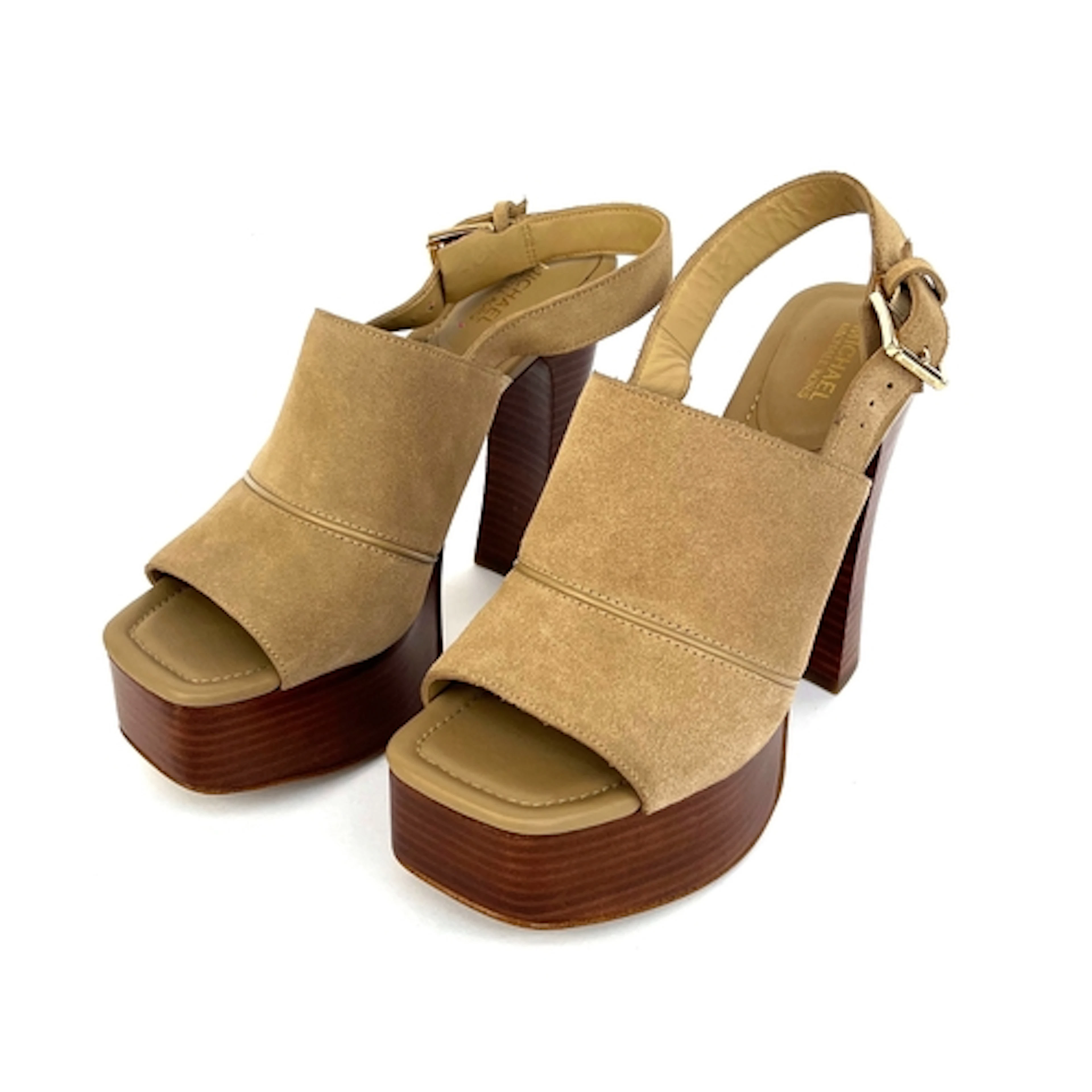 A pair of Michael Kors tan suede high heeled sandals, approx...