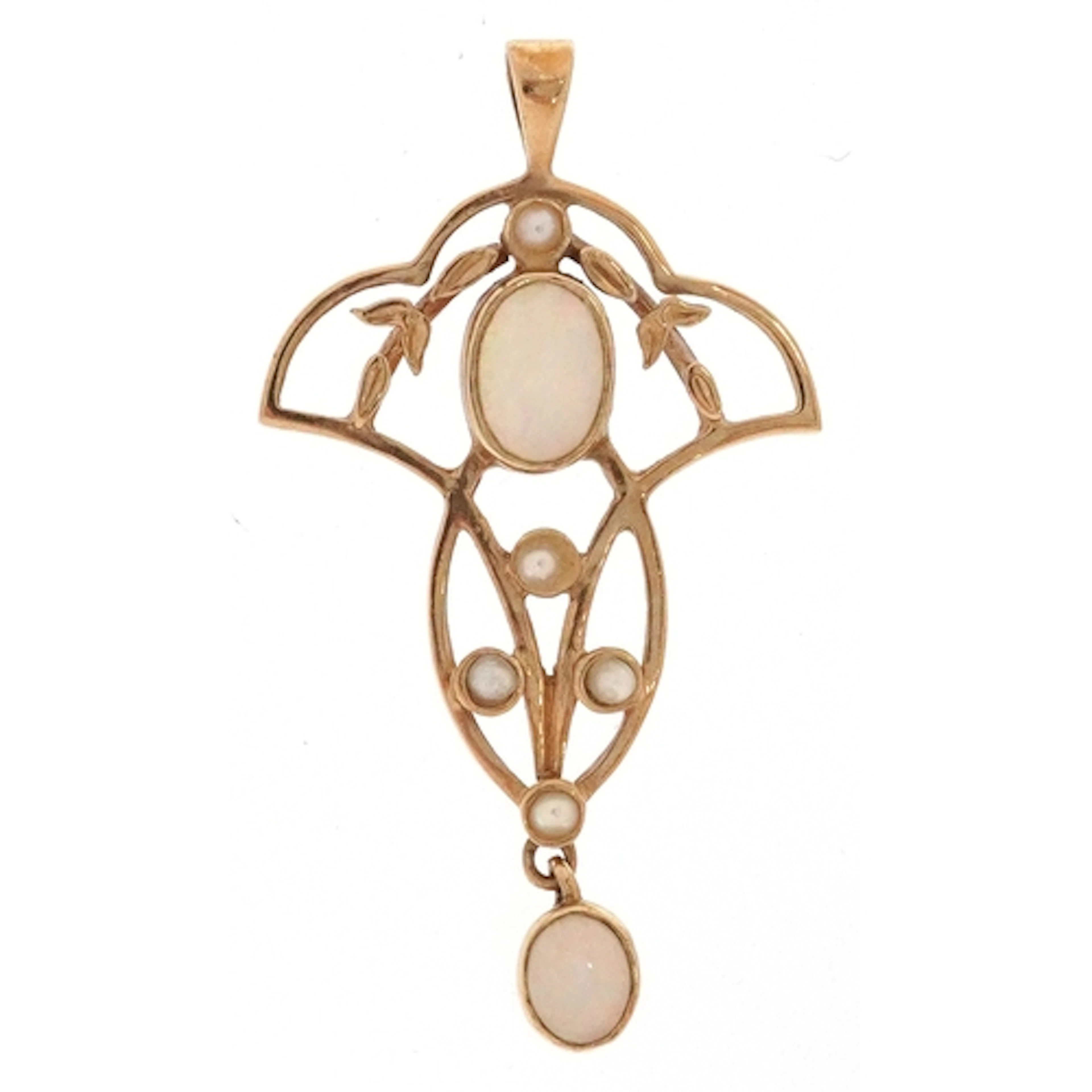 Art Nouveau style 9ct gold opal and seed pearl openwork pend...