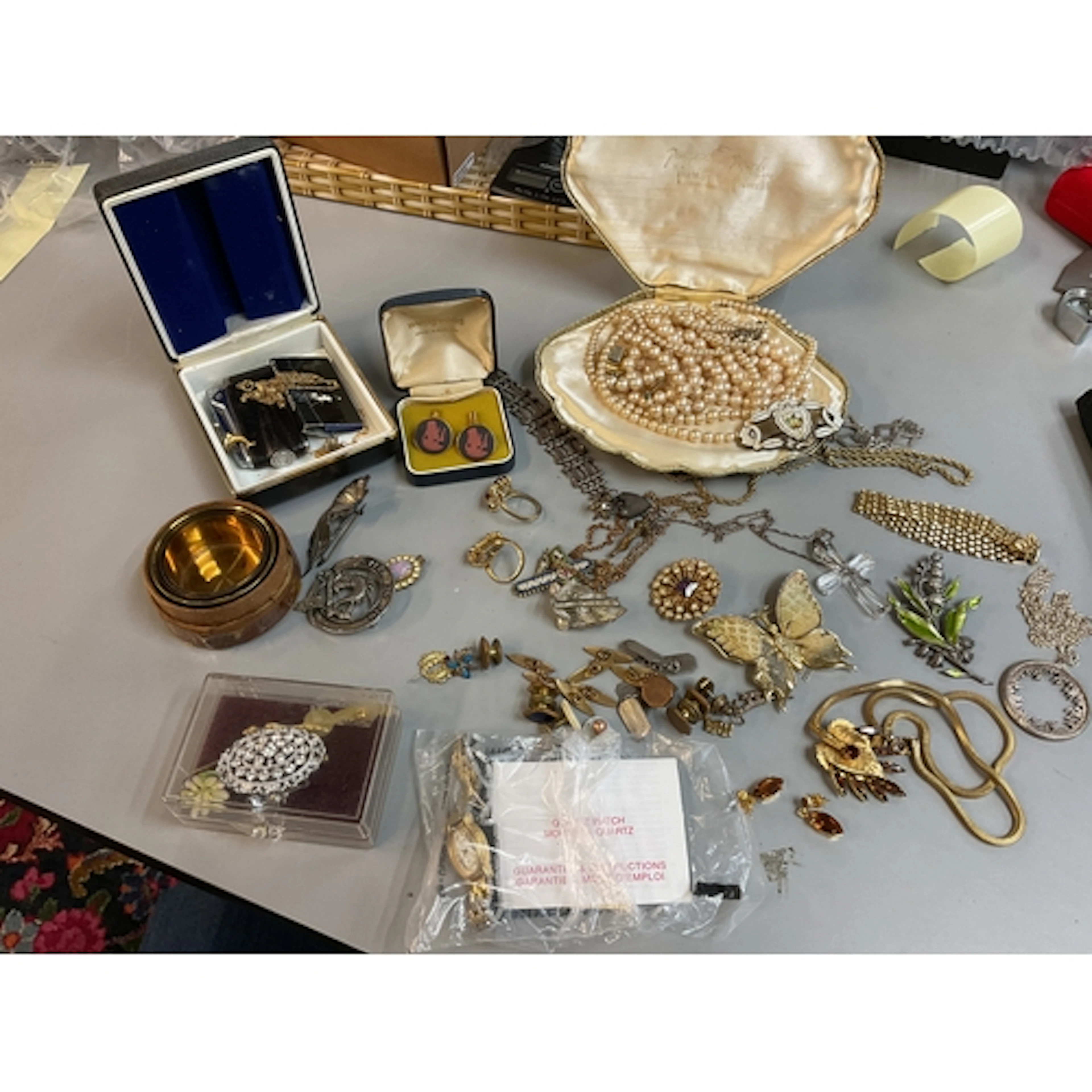 Qty vintage dress jewellery.and folding cup, Waterford cross...