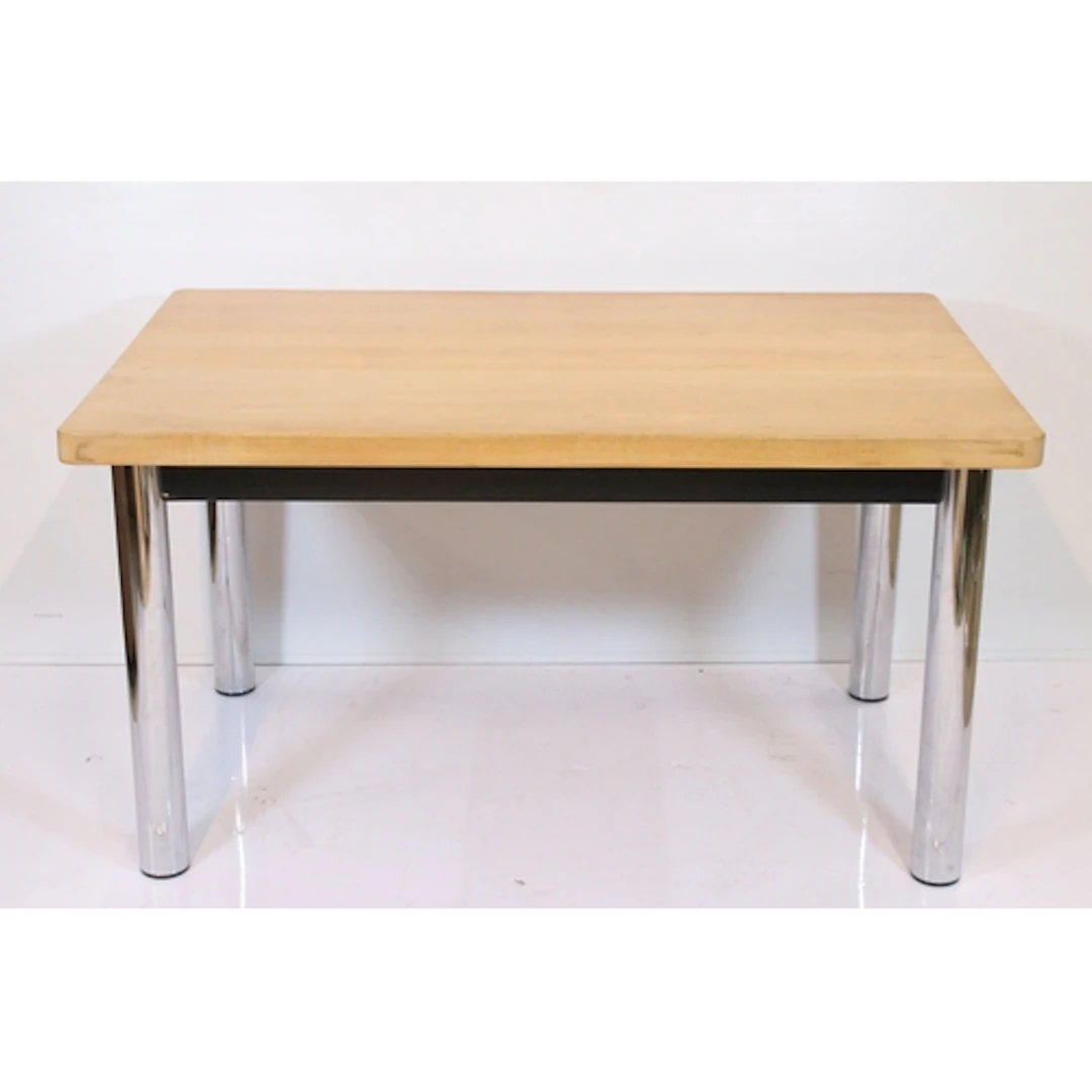 Marcel Breuer chromed dining table, having plank top on tubu...