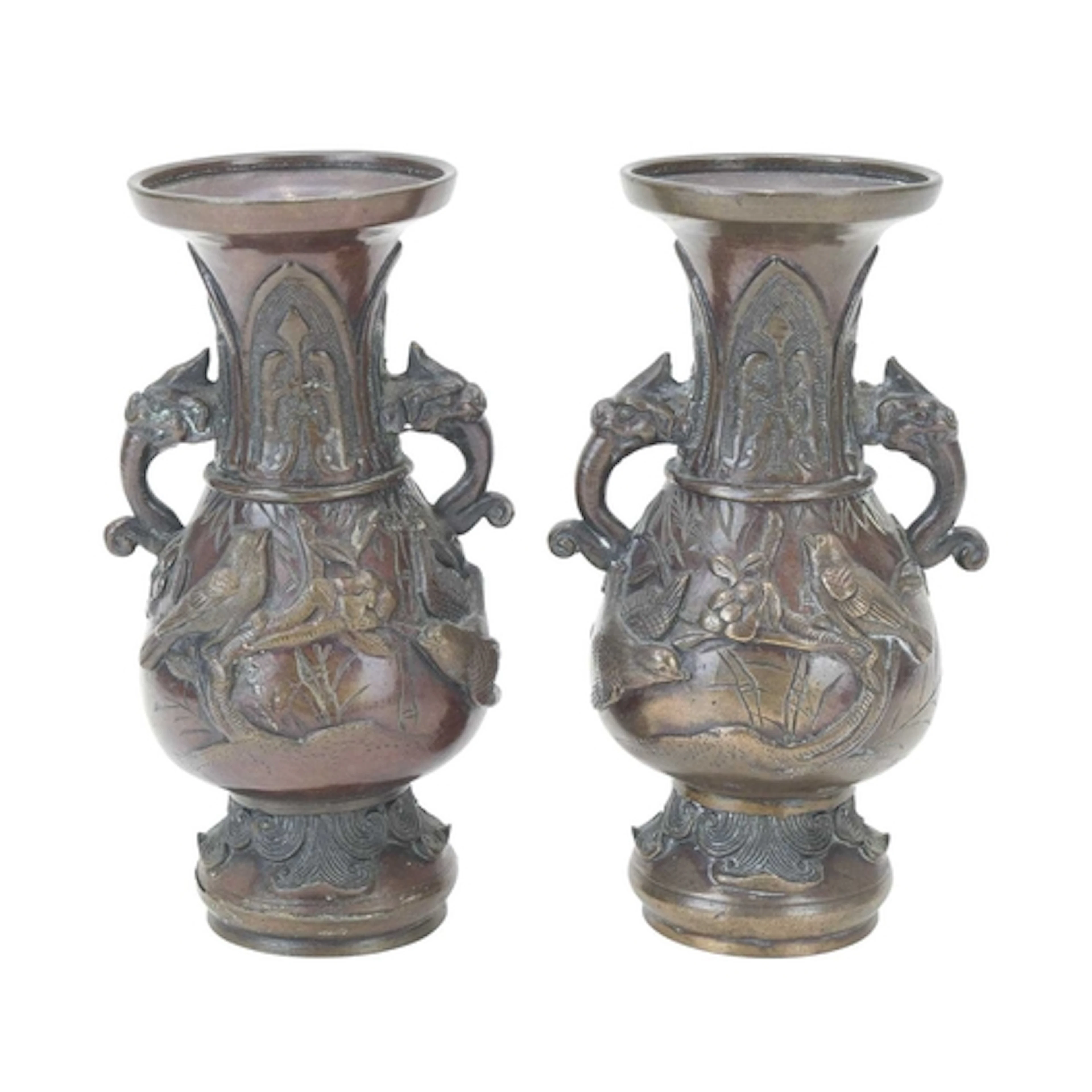 A pair of Japanese bronze vases. Circa 1900, with twin eleph...
