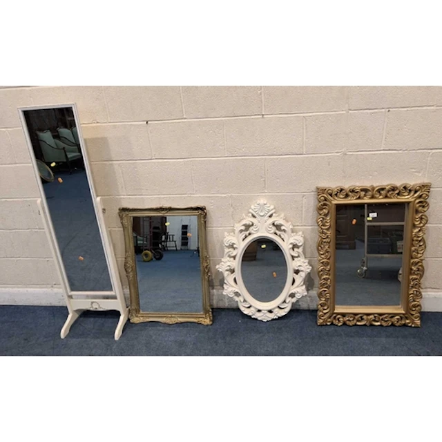 A GOLD PLASTIC WALL MIRROR, a white plastic mirror, a gilt w...