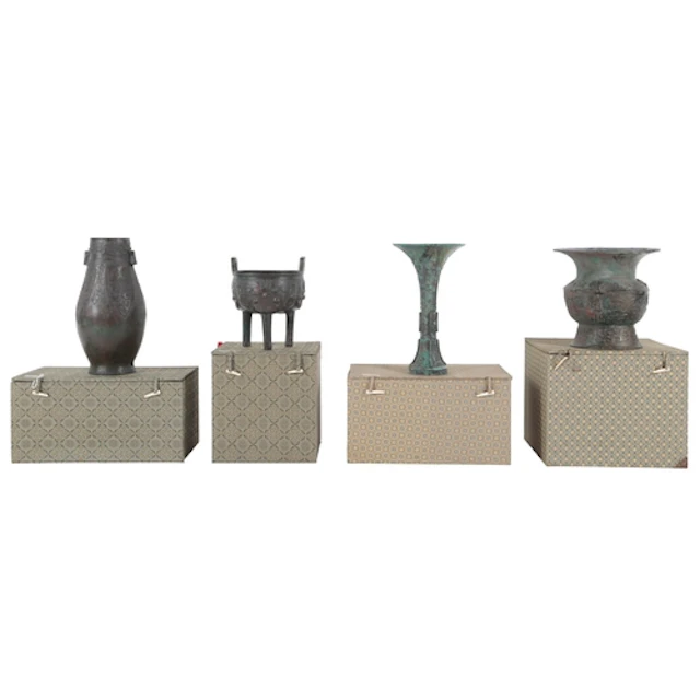 Four Chinese patinated bronze archaistic models of a Zun, Di...