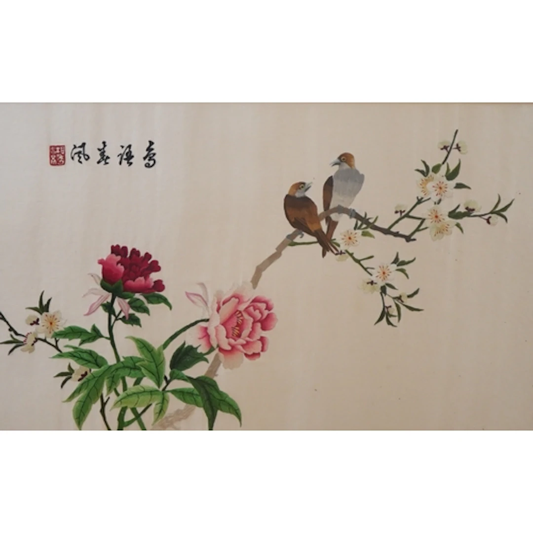 A framed Chinese silk thread embroidery, birds among peoney ...