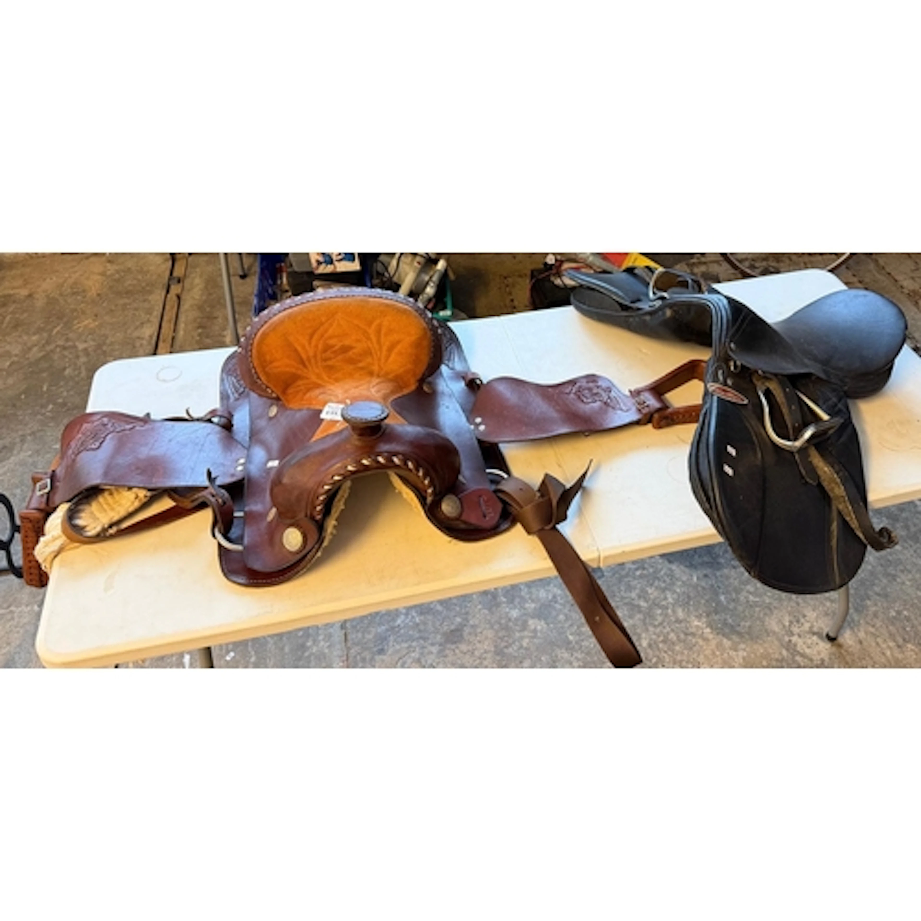 Vintage style leather Western saddle impressed 3911, togethe...