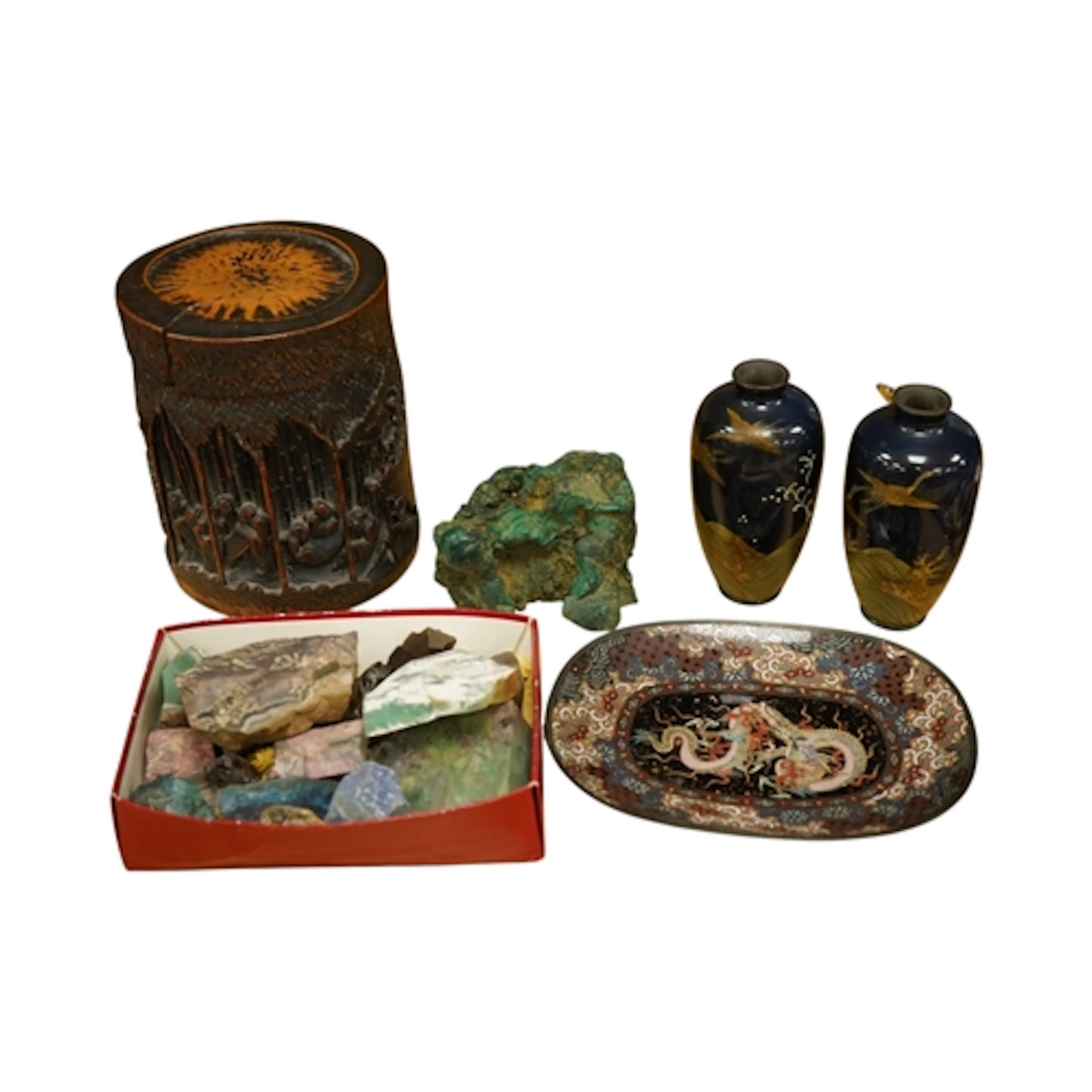 A Chinese cloisonne 'dragon' dish, width 19cm, a pair of sma...