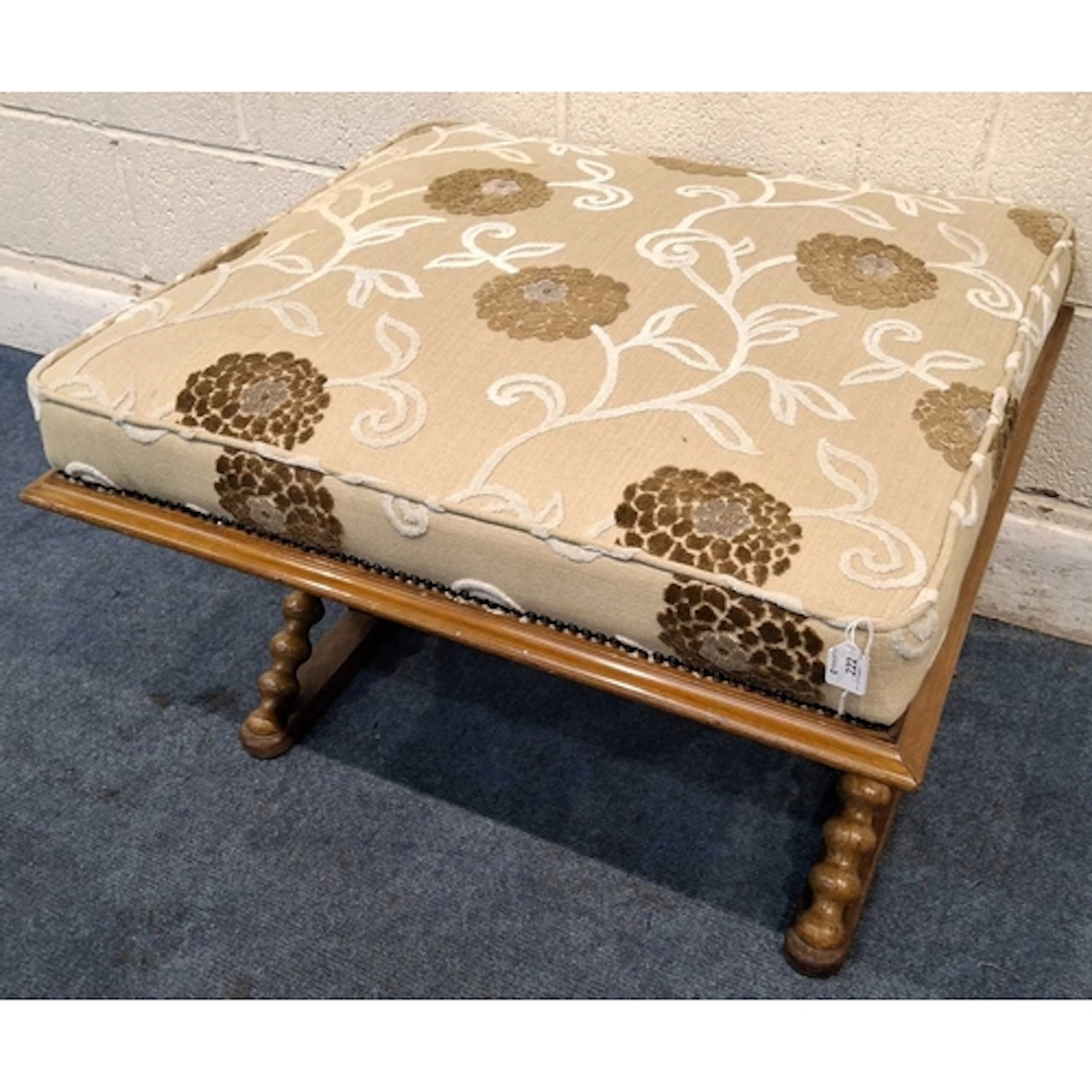 A VICTORIAN WALNUT STOOL, with beige and floral upholstery, ...