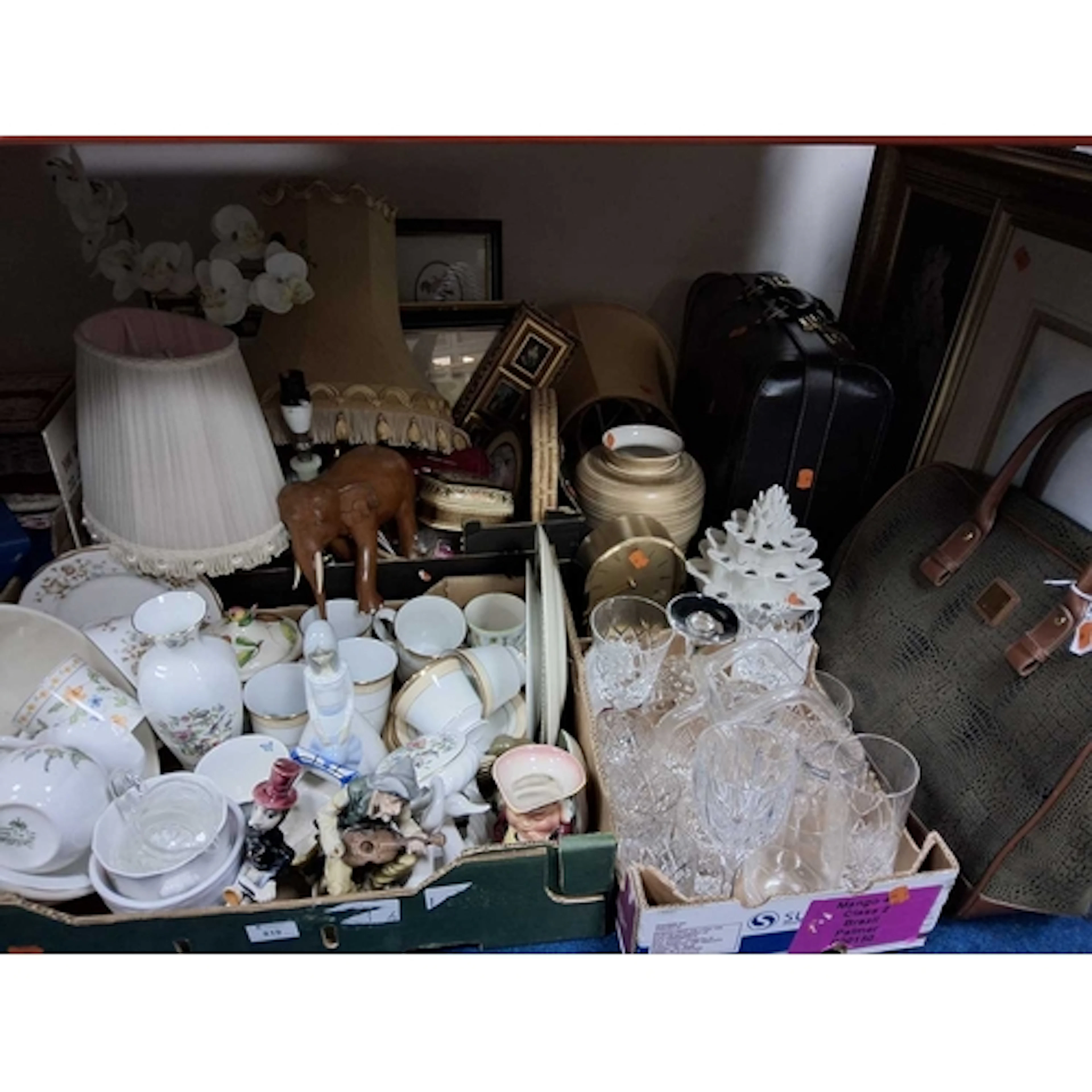 THREE BOXES AND LOOSE CERAMICS, GLASS, PICTURES, BAGS ETC, t...