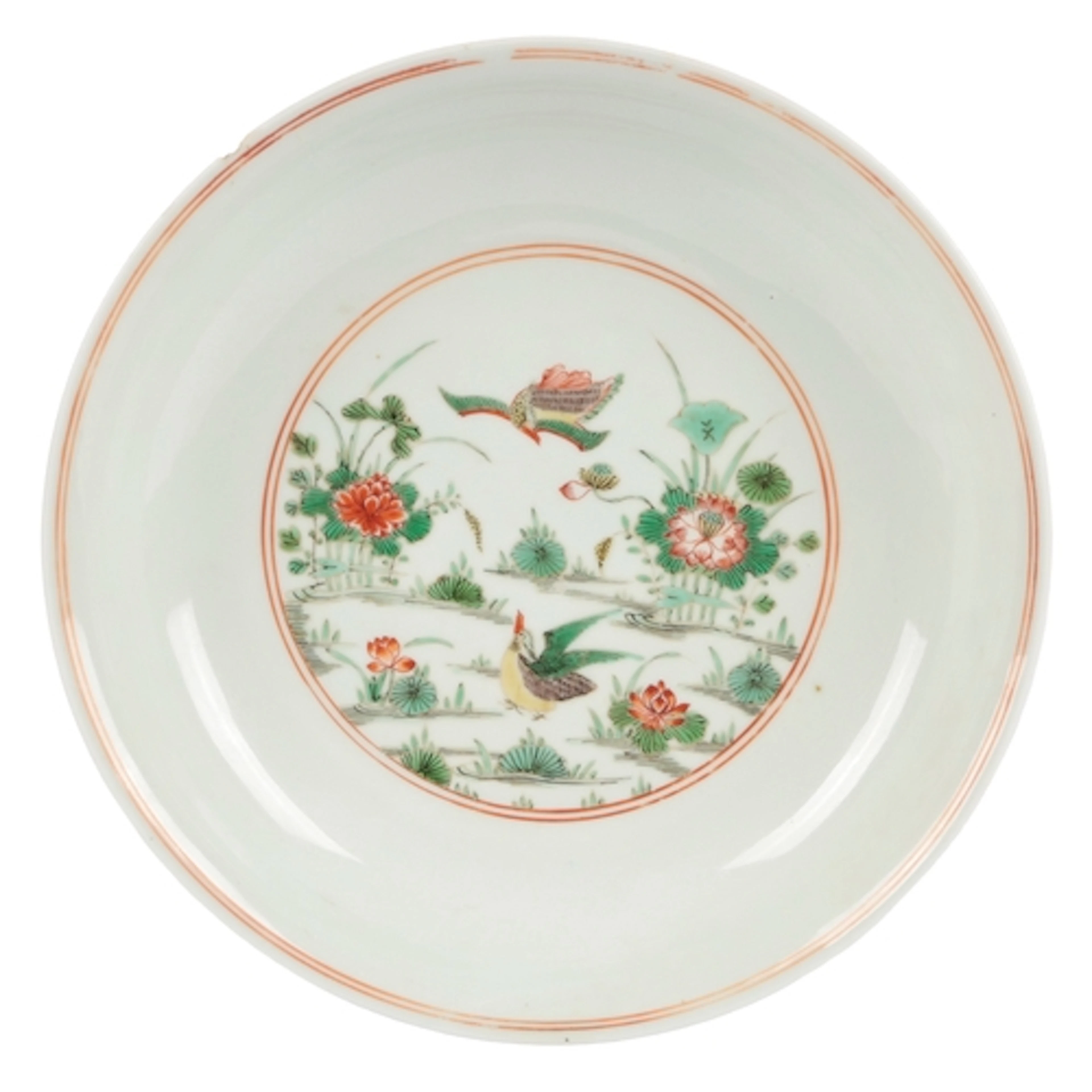 A Chinese famille verte 'ducks and lotus pond' saucer dish, ...