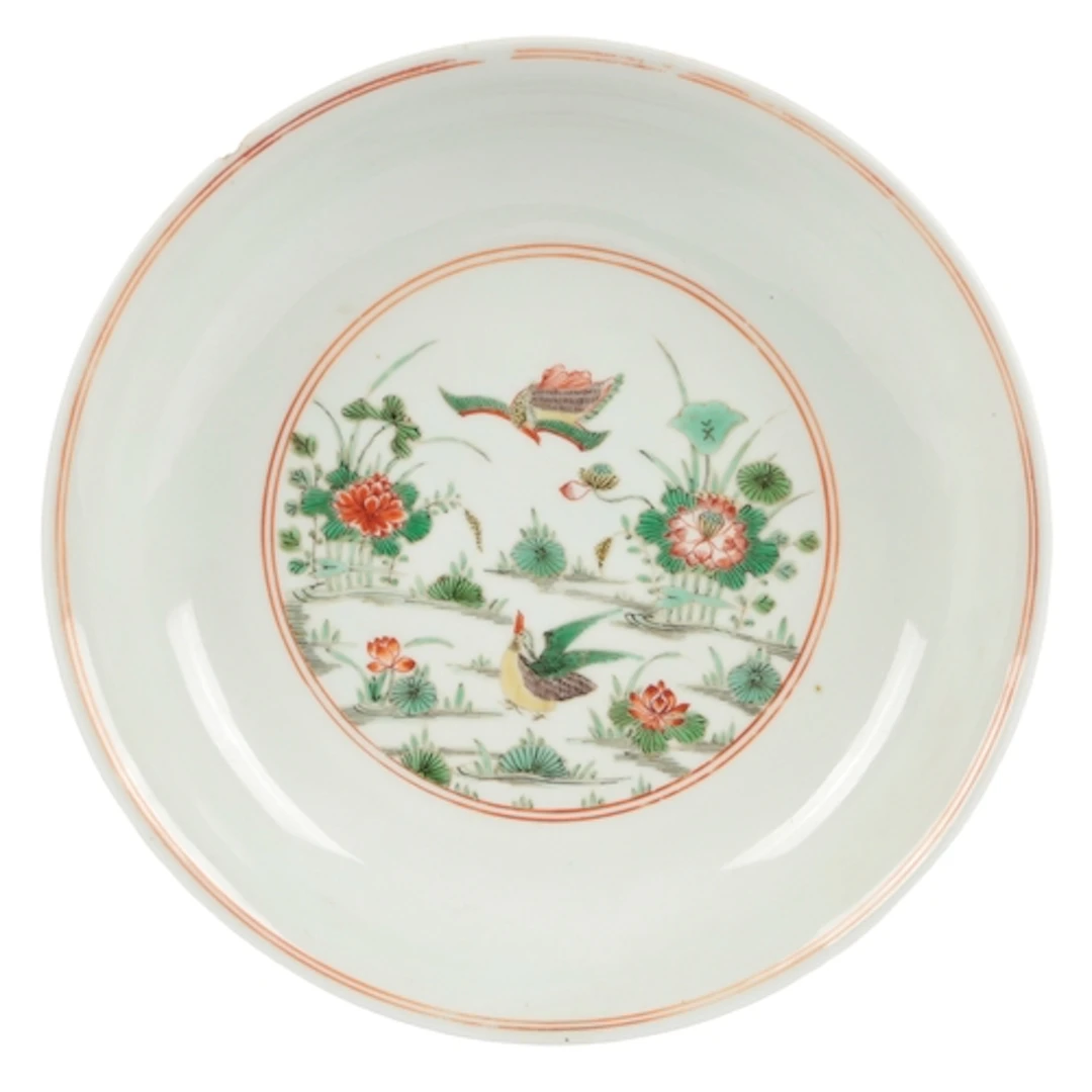 A Chinese famille verte 'ducks and lotus pond' saucer dish, ...