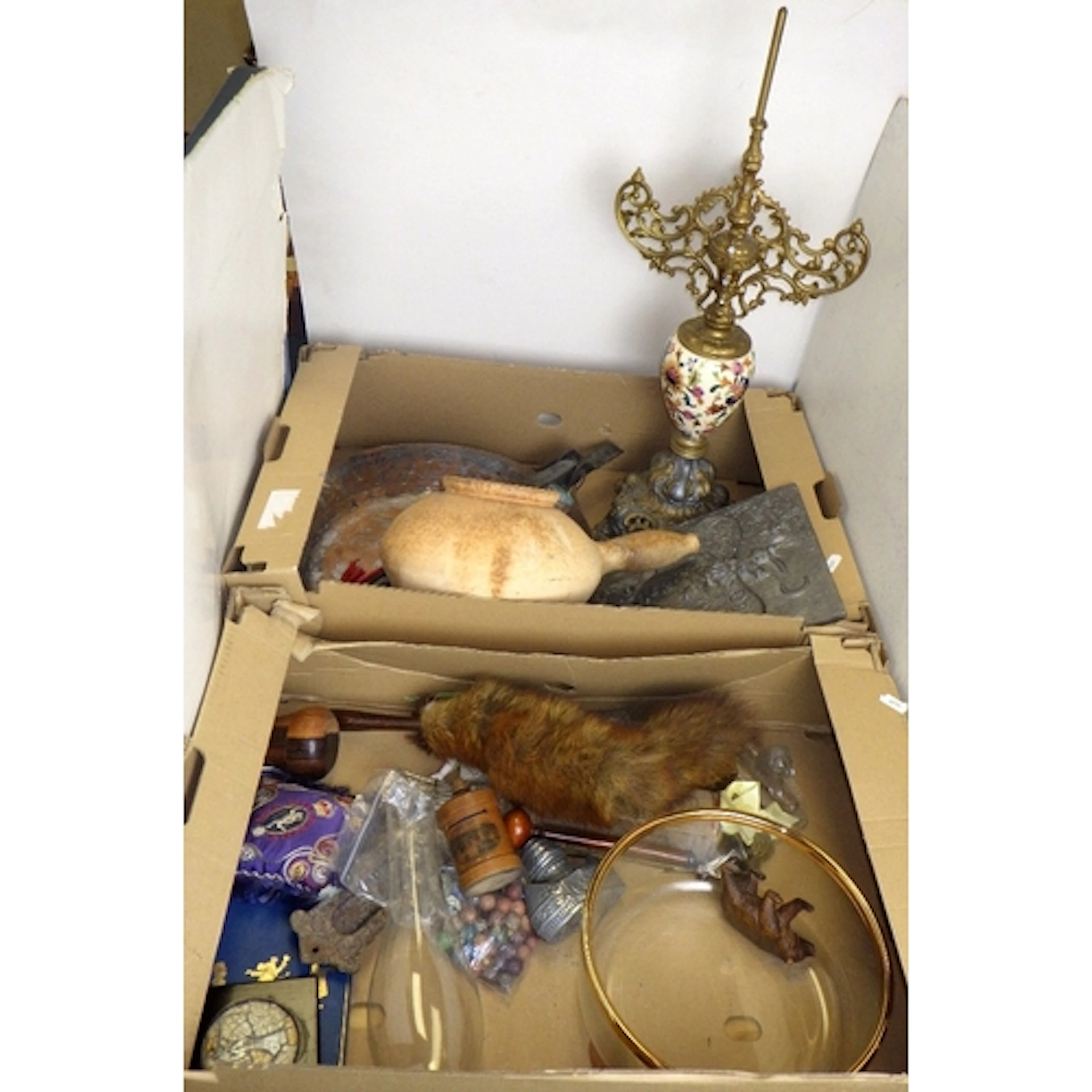 Two boxes of misc collectables to inc treen, metalware, carv...